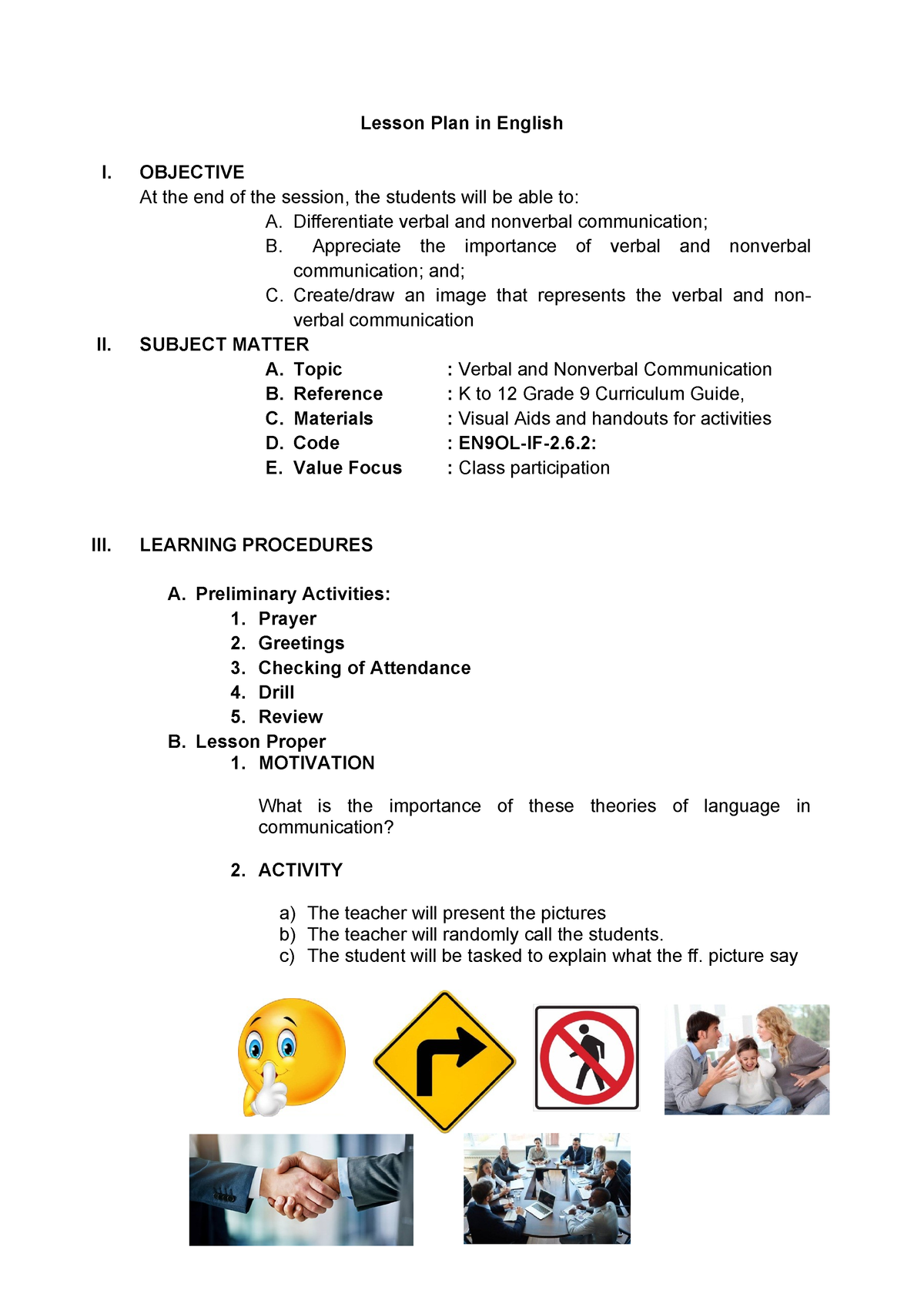 Lesson Plan Verbal And Nonverbal Communication Lesson Plan In English I Objective At The End 5634