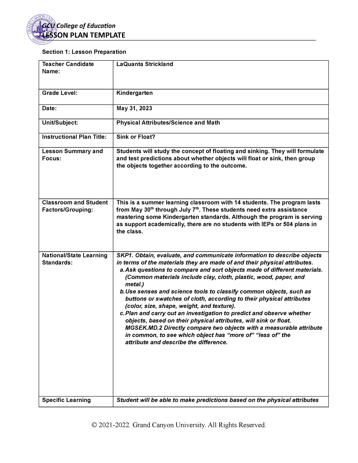 Science Lesson Plan - LESSON PLAN TEMPLATE Section 1: Lesson ...