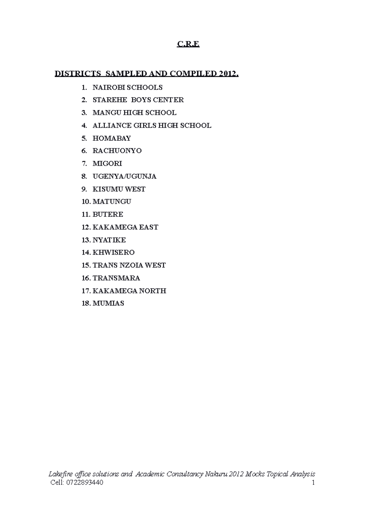 CRE - Revision papers - C.R DISTRICTS SAMPLED AND COMPILED 2012. 1 ...