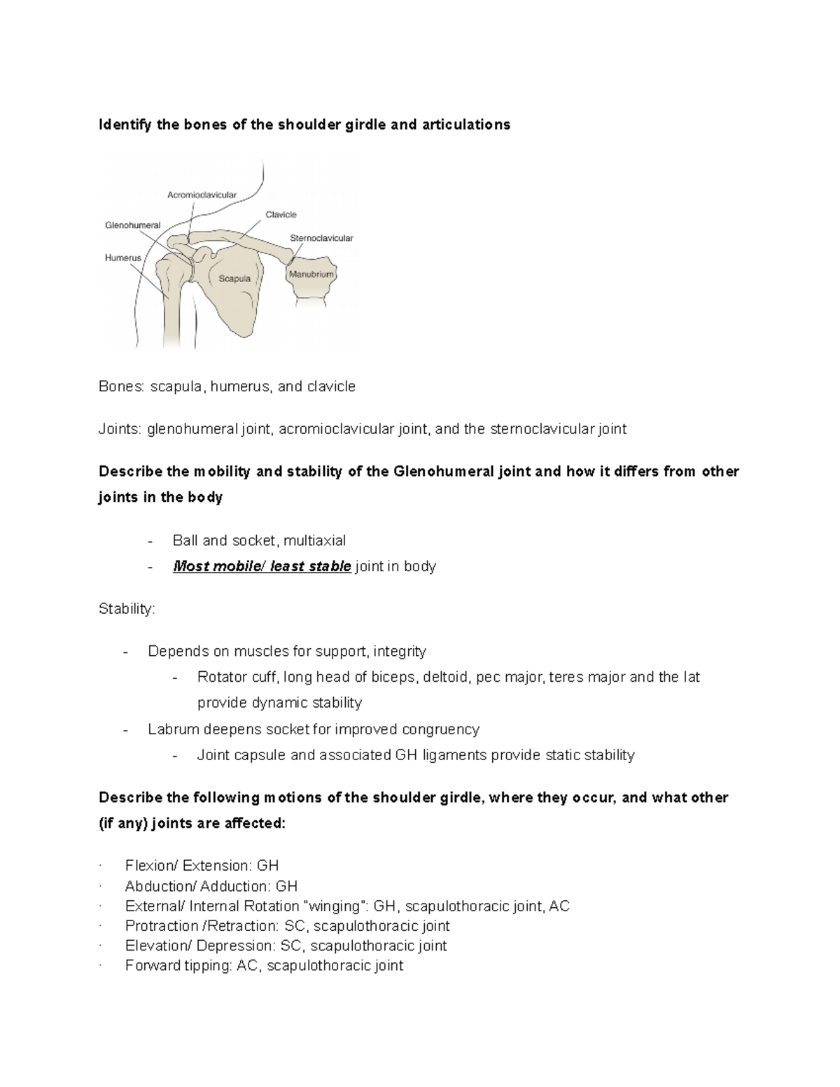 Study Guide – Shoulder - Identify the bones of the shoulder girdle and ...