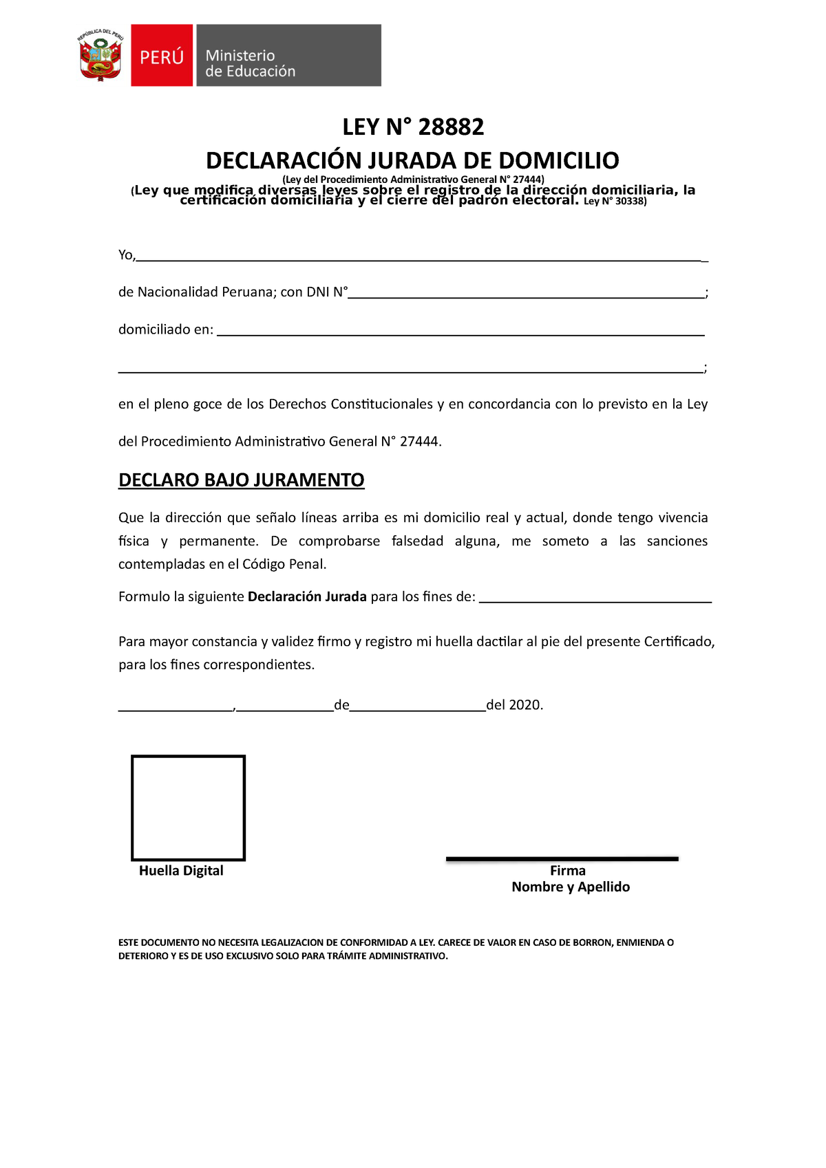 Declaracion Jurada Domiciliaria Ley N° 28882 DeclaraciÓn Jurada De Domicilioley Del 0619