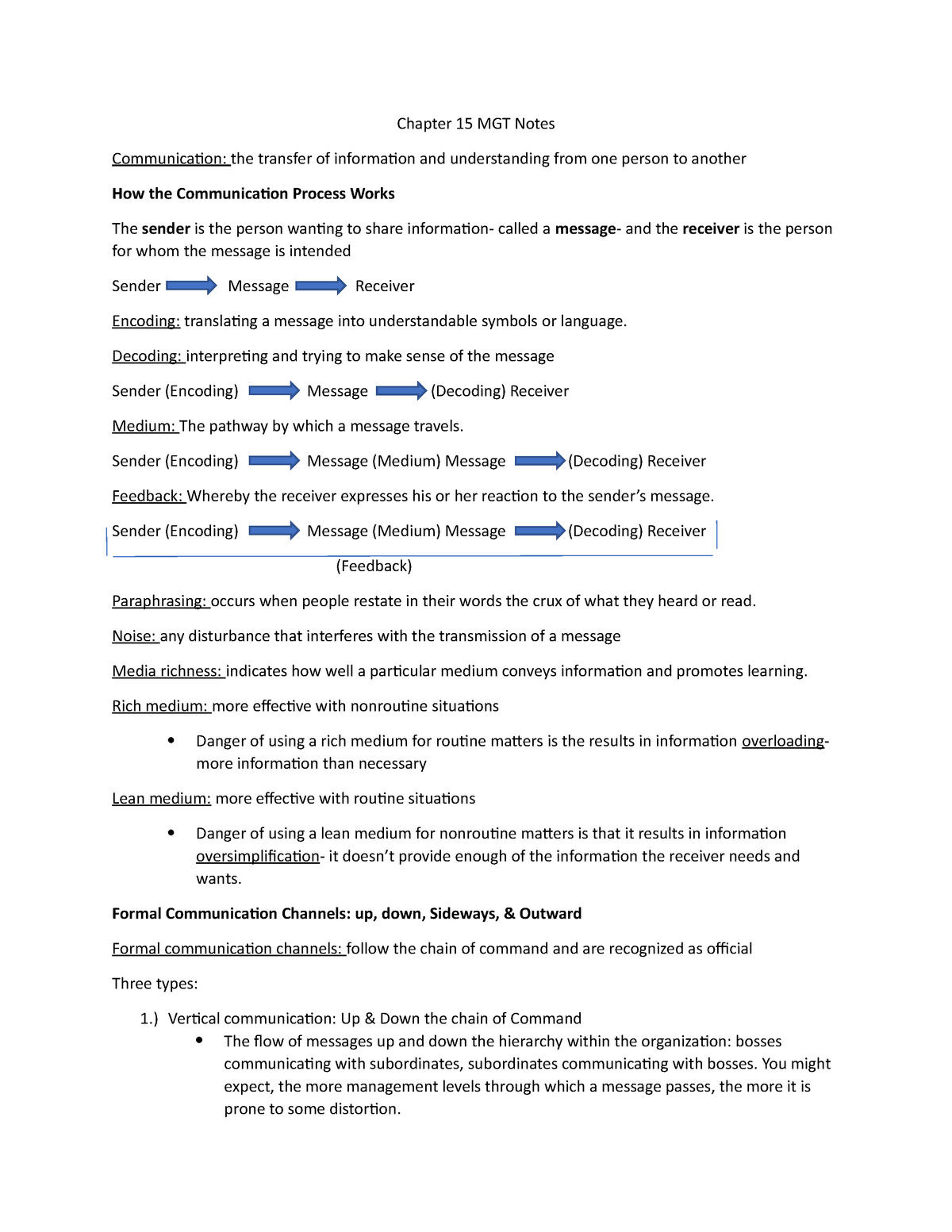 Chapter 15 MGT Notes - Chapter 15 MGT Notes Communicaion: the transfer ...