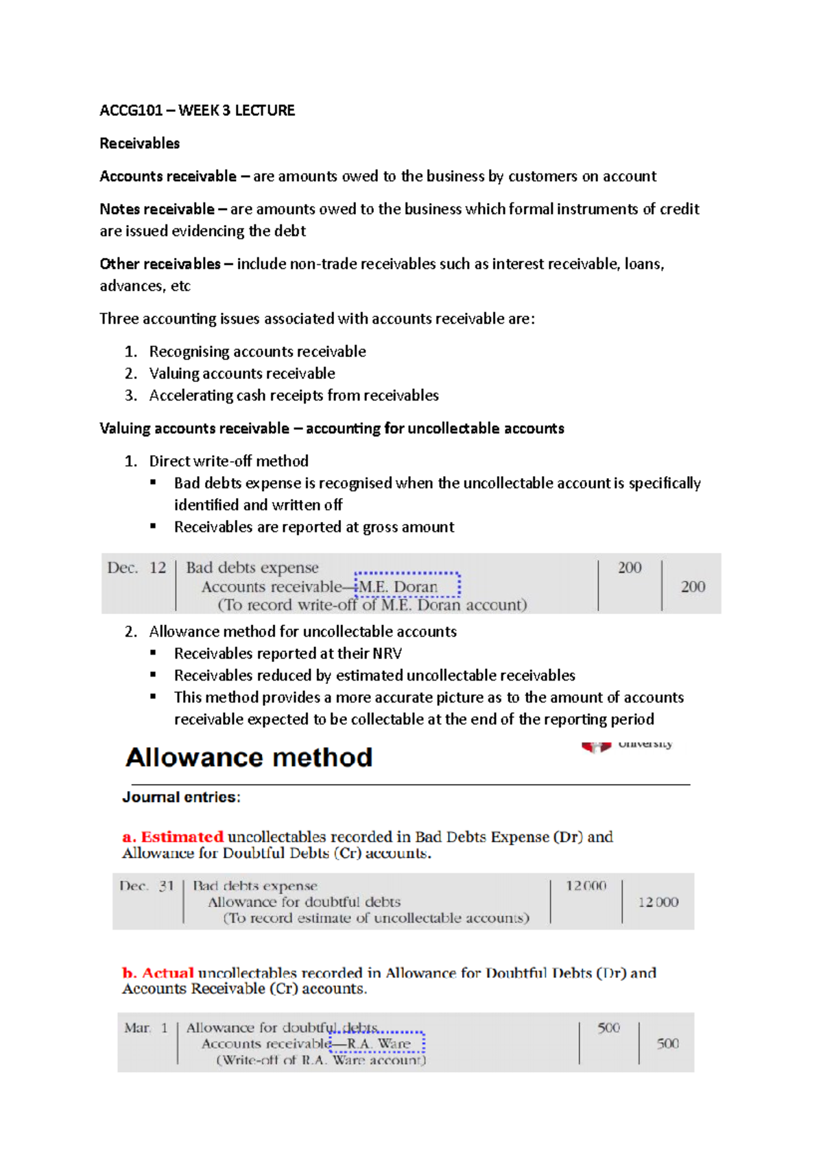 ACCG101 Week 3 lecture - ACCG101 – WEEK 3 LECTURE Receivables Accounts ...