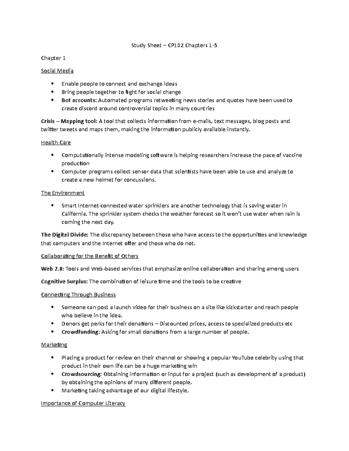 Quiz 1 - Chapter 1-5 - Study Sheet – CP102 Chapters 1- Chapter 1 Social ...