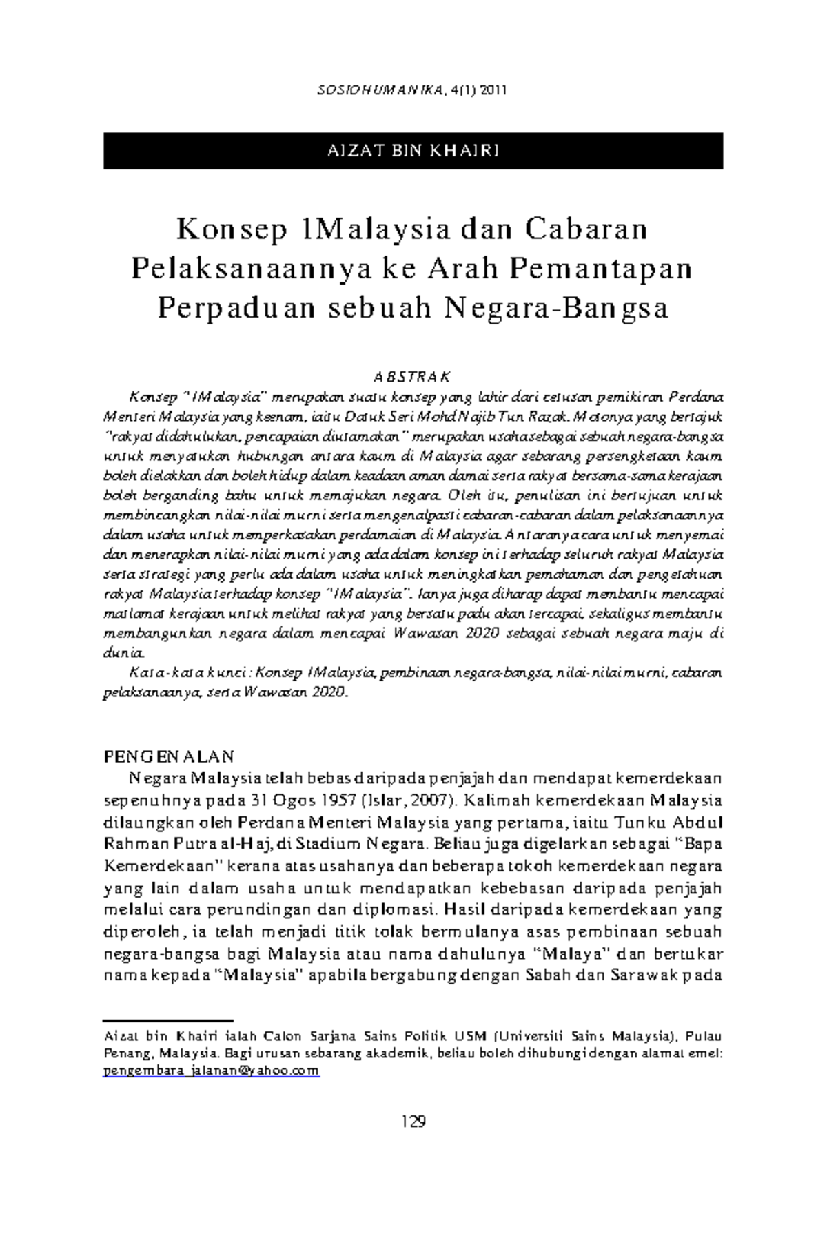 1 Malaysia Kepelbagaian Kaum Di Malaysia - SOSIOHUM A NIKA , 4(1) 2011 ...