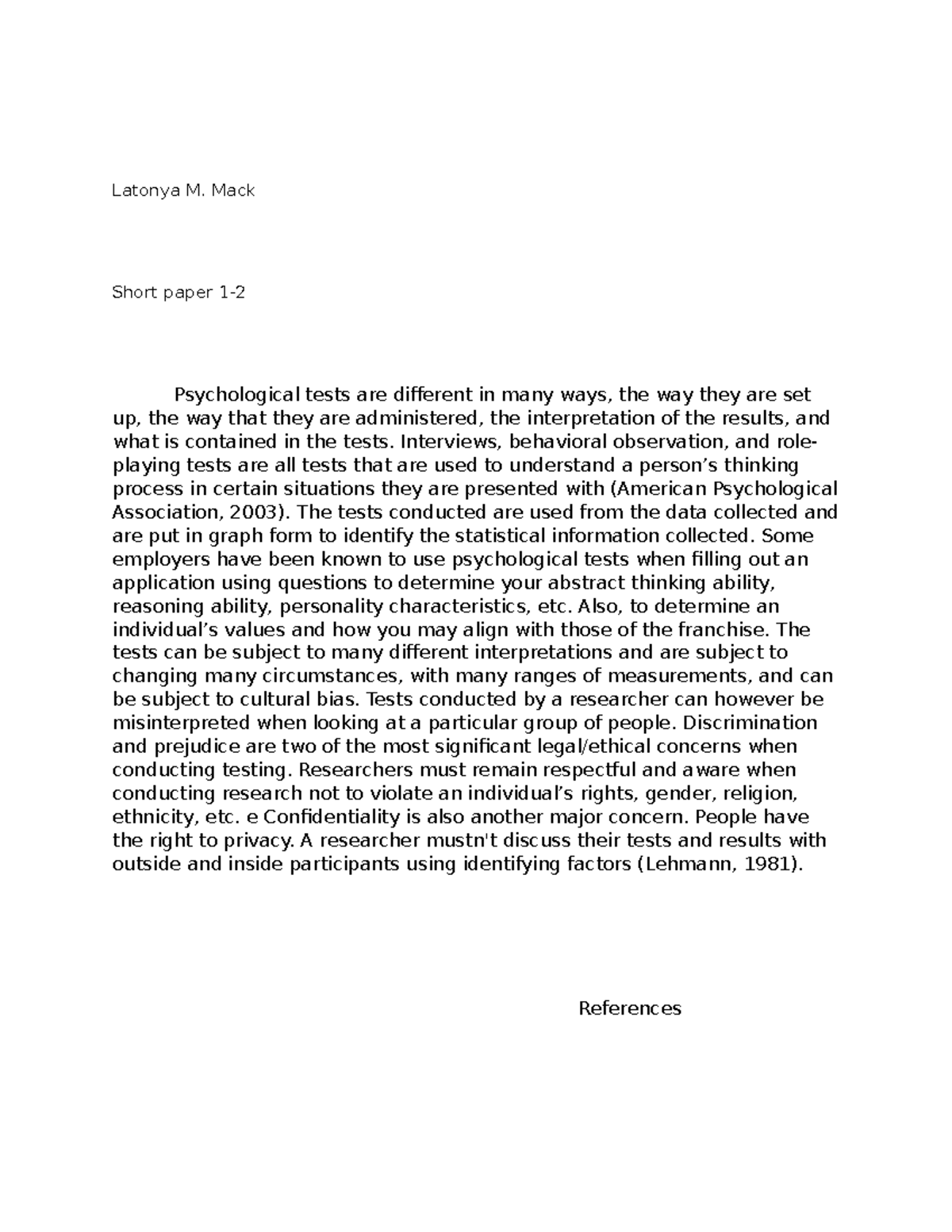 PSY335 short paper 1-2 - Latonya M. Mack Short paper 1- Psychological ...