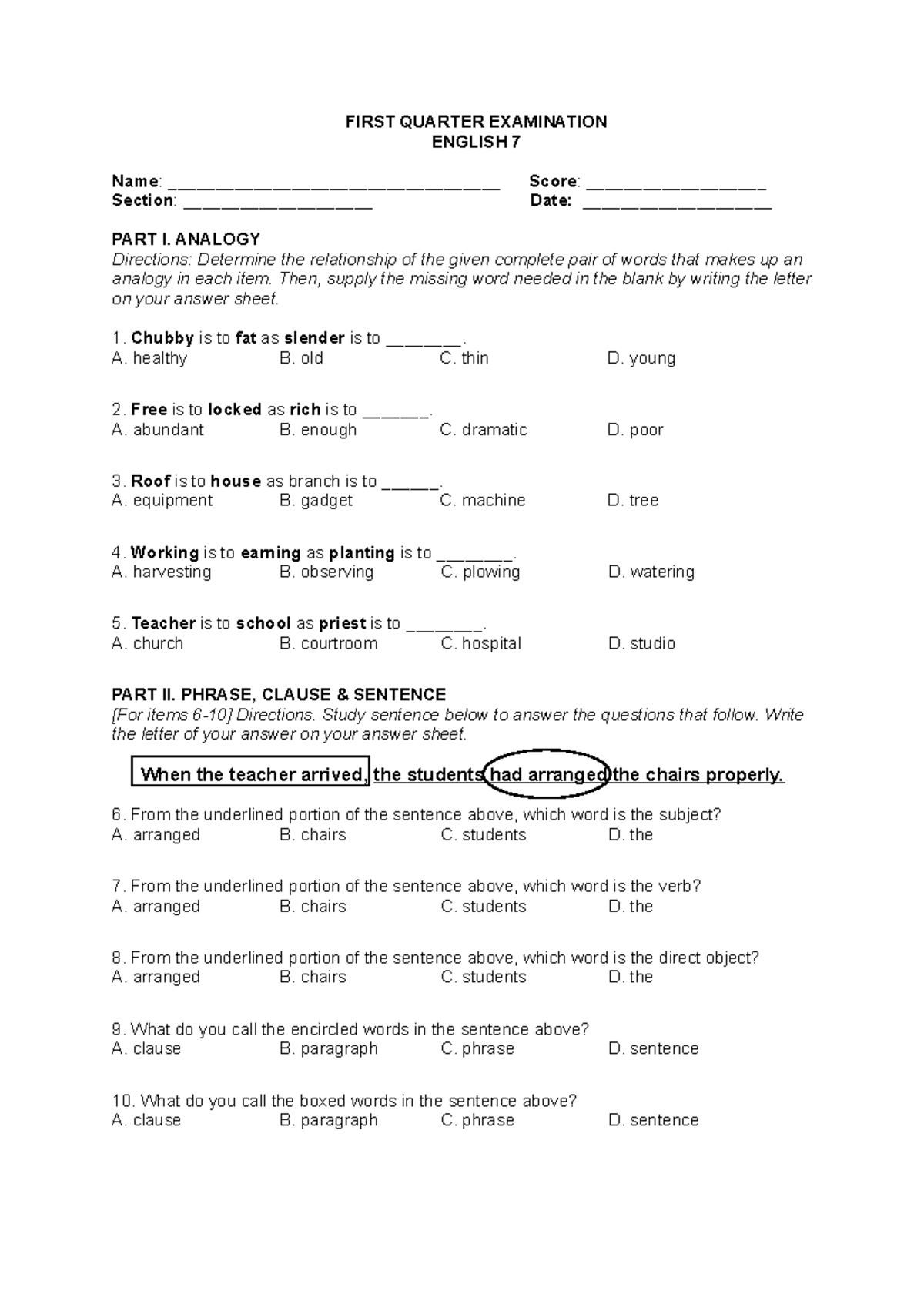 English-7-Q1 NRIS - exams for English 7 - FIRST QUARTER EXAMINATION ...