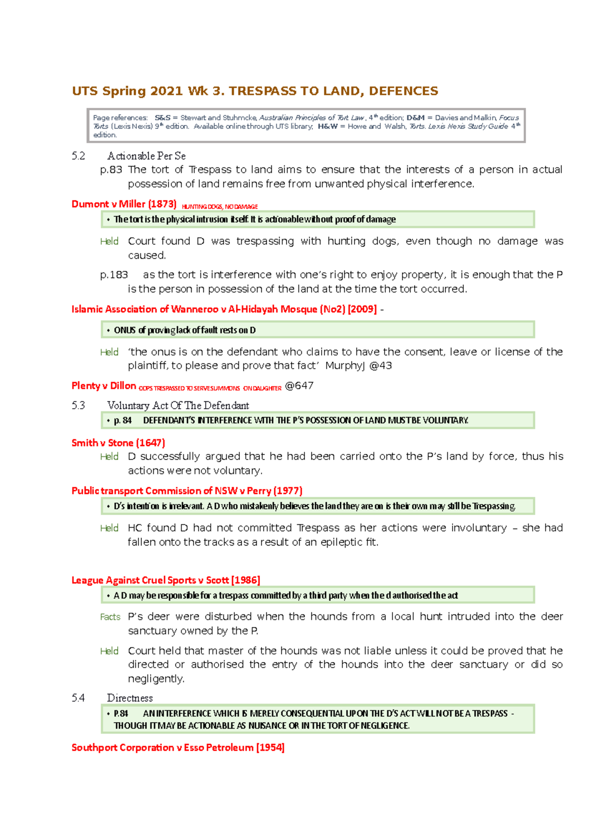 Torts Case summaries + "takeaways" Trespass TO LAND & Defences - 070311 ...