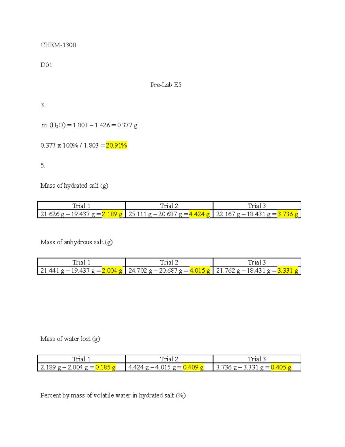 experiment 5 percent water in a hydrated salt pre lab