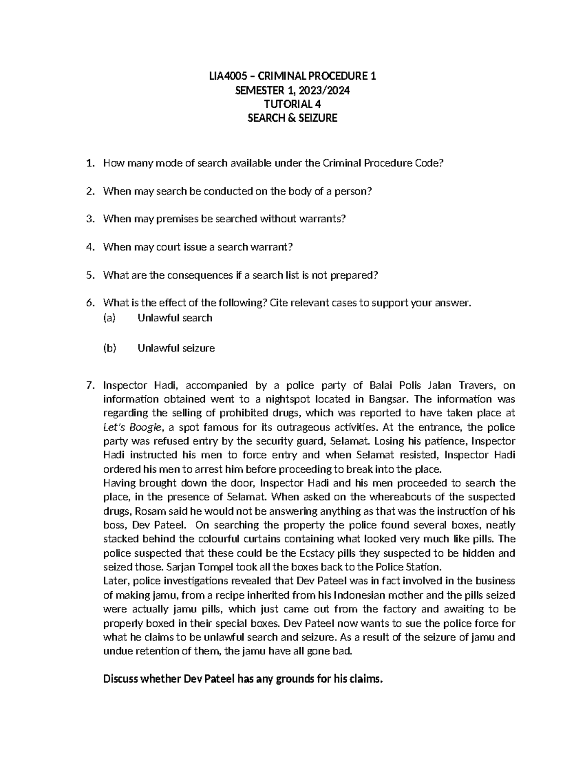 Tutorial 4 Search Seizure Lia4005 Criminal Procedure 1 Semester 1 Tutorial 4 Search Seizure Lia4005 Criminal Procedure 1 Semester 1