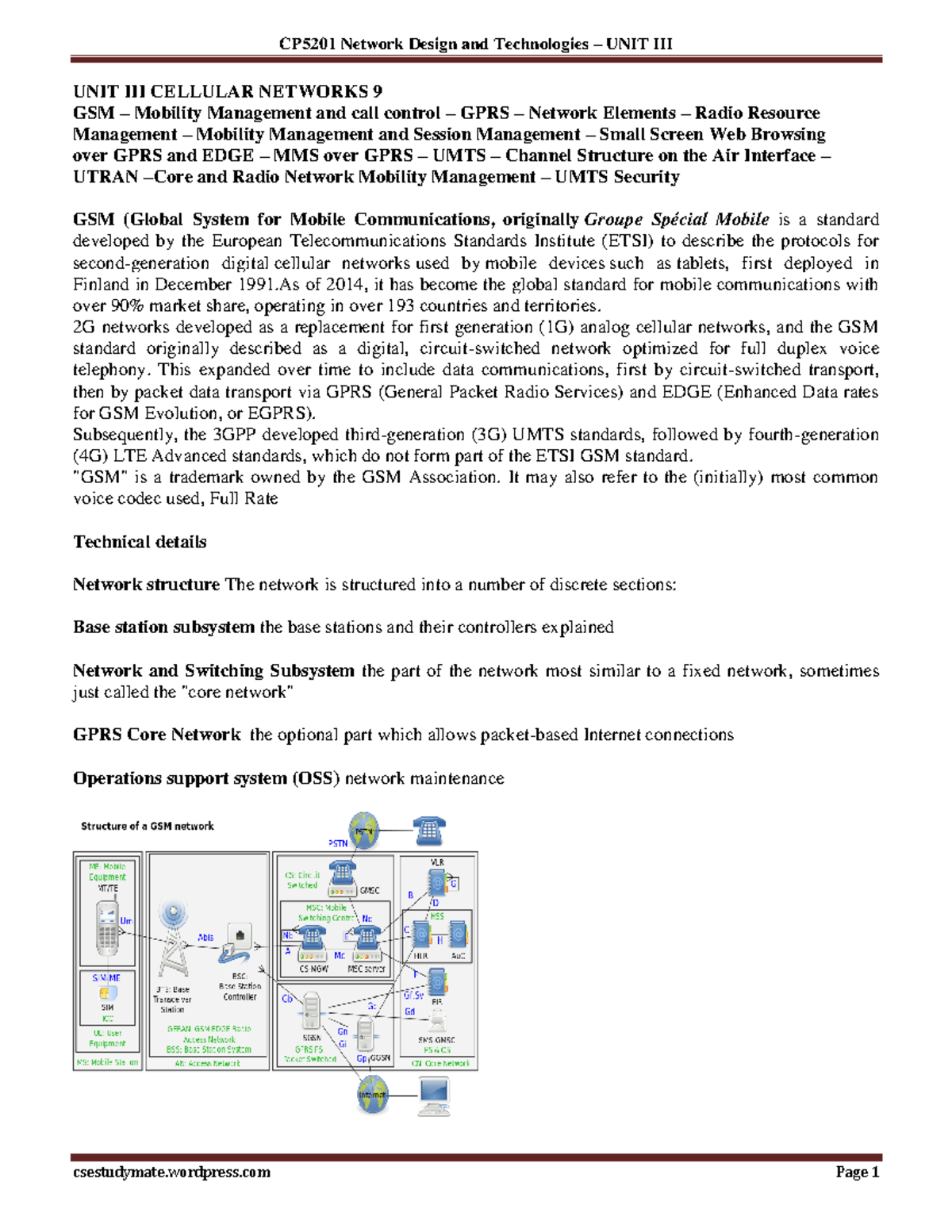 Unit-iii-nd - III NOTES - UNIT III CELLULAR NETWORKS 9 GSM – Mobility ...