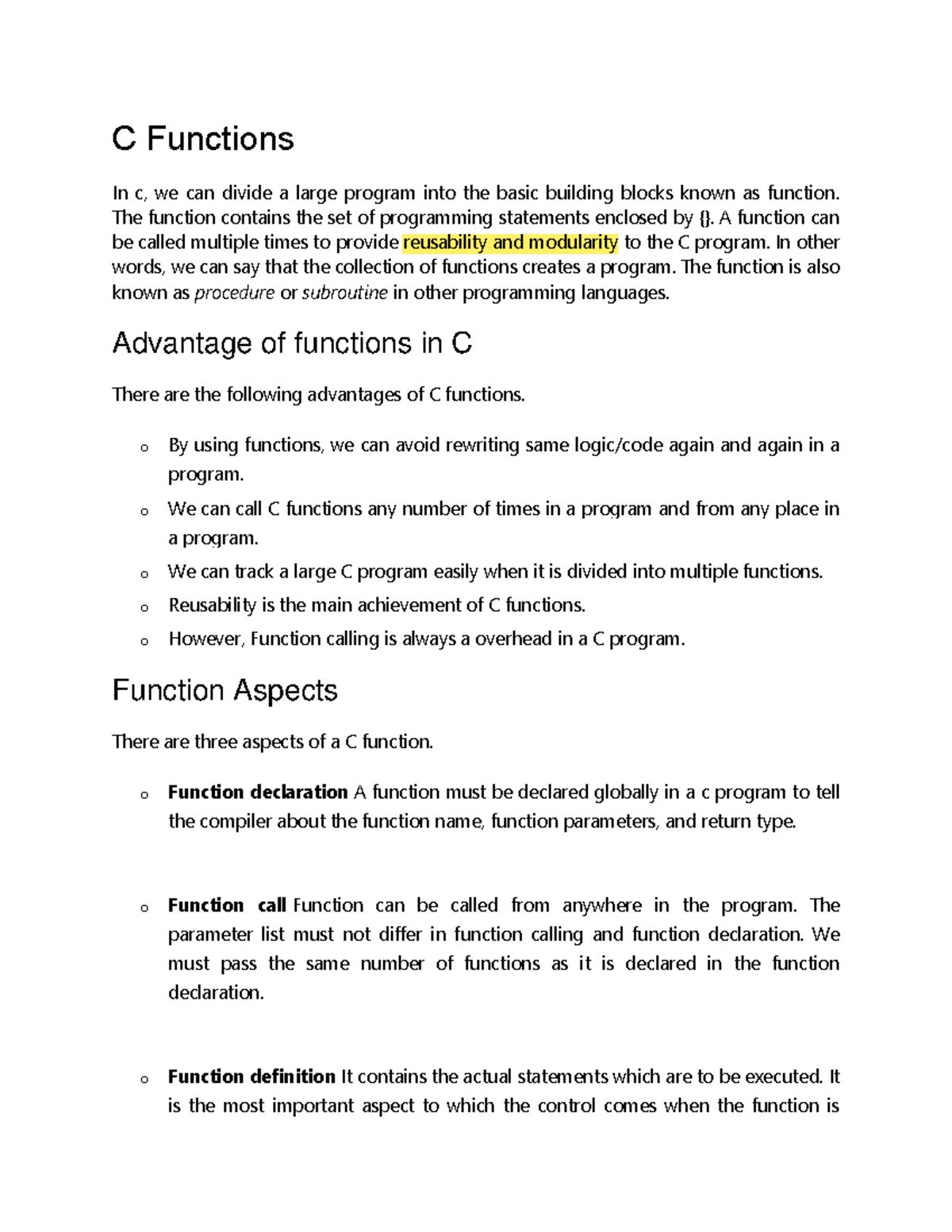 Functions 25,26,27,28,-converted - C Functions In c, we can divide a ...