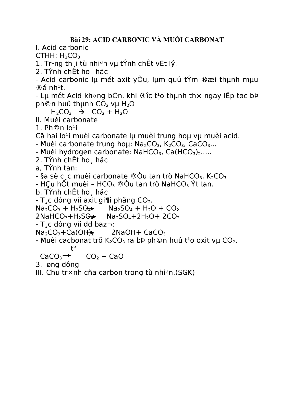 Bài 29. Hóa 9 - 12345 - Bài 29: Acid Carbonic VÀ MuỐi Carbonat I. Acid 