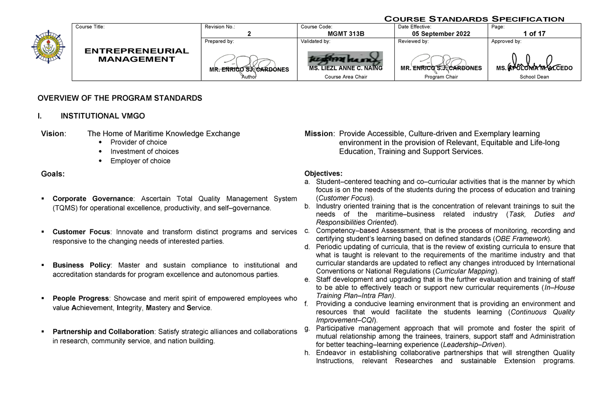 MGMT 313B Entrepreneurial Management Course Standard Specification ...