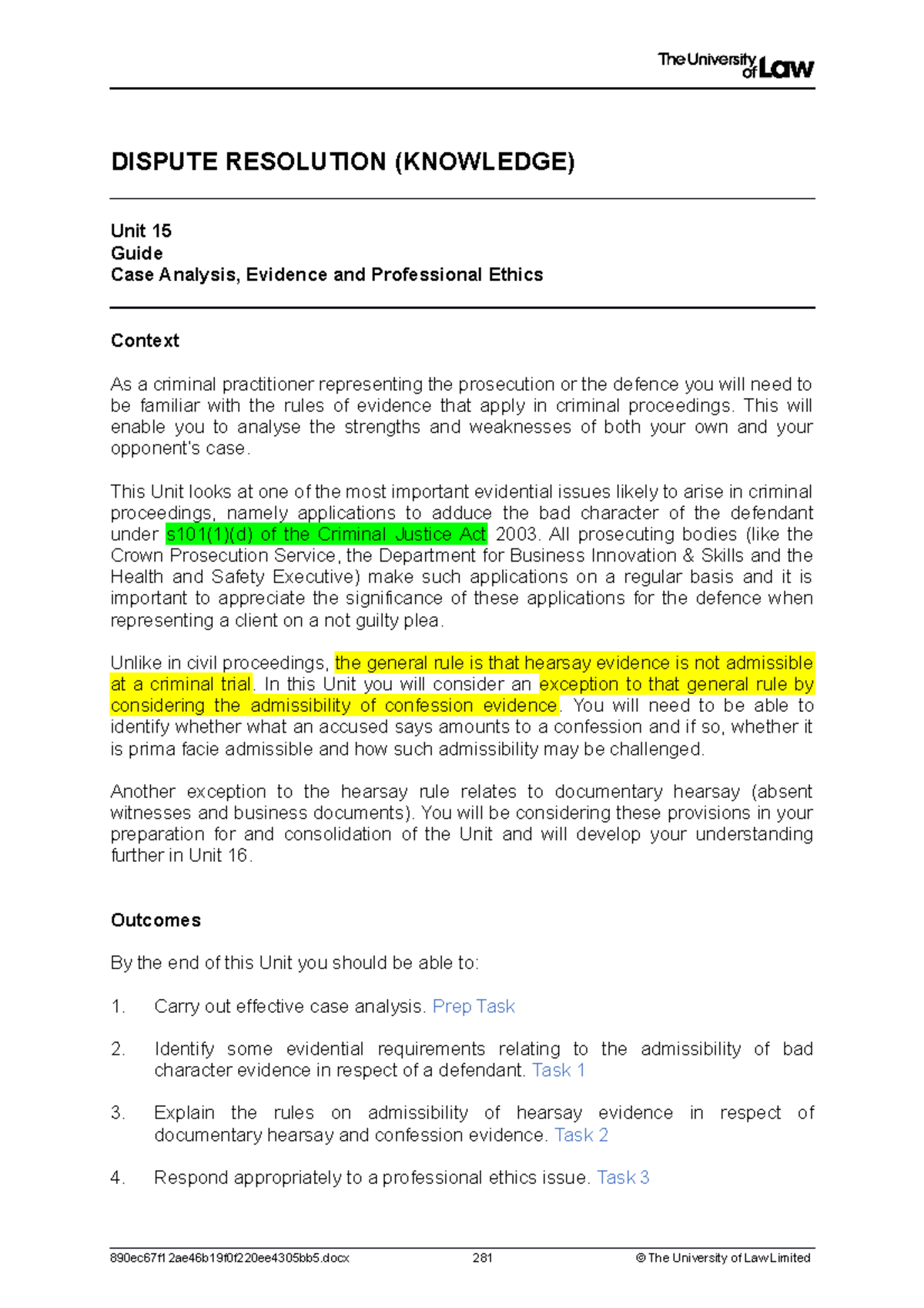 Workshop 15 - DISPUTE RESOLUTION (KNOWLEDGE) Unit 15 Guide Case ...