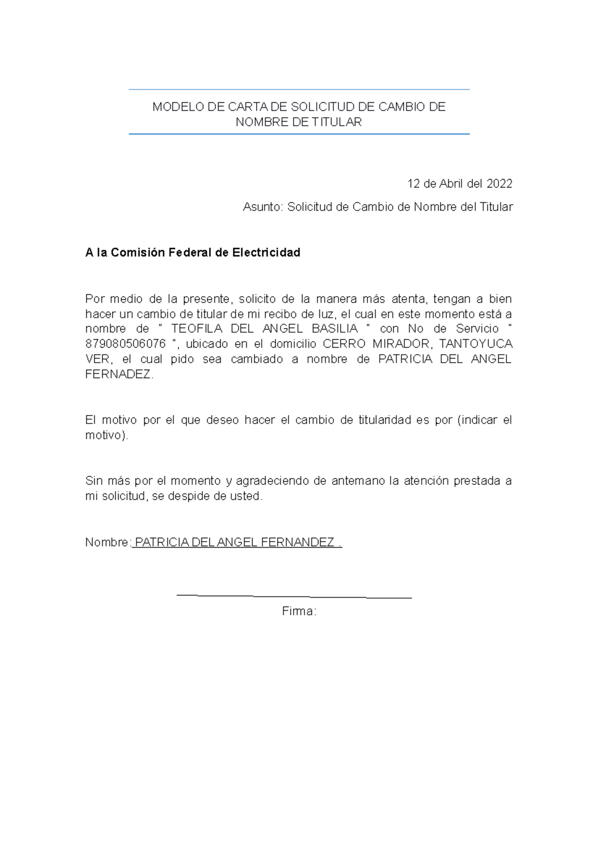 Modelo DE Carta DE Solicitud DE Cambio DE Nombre DE Titular - MODELO DE  CARTA DE SOLICITUD DE CAMBIO - Studocu