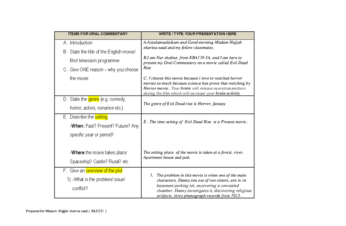ELC231 Oral Commentary Speech Template (1) (1) - ITEMS FOR ORAL ...