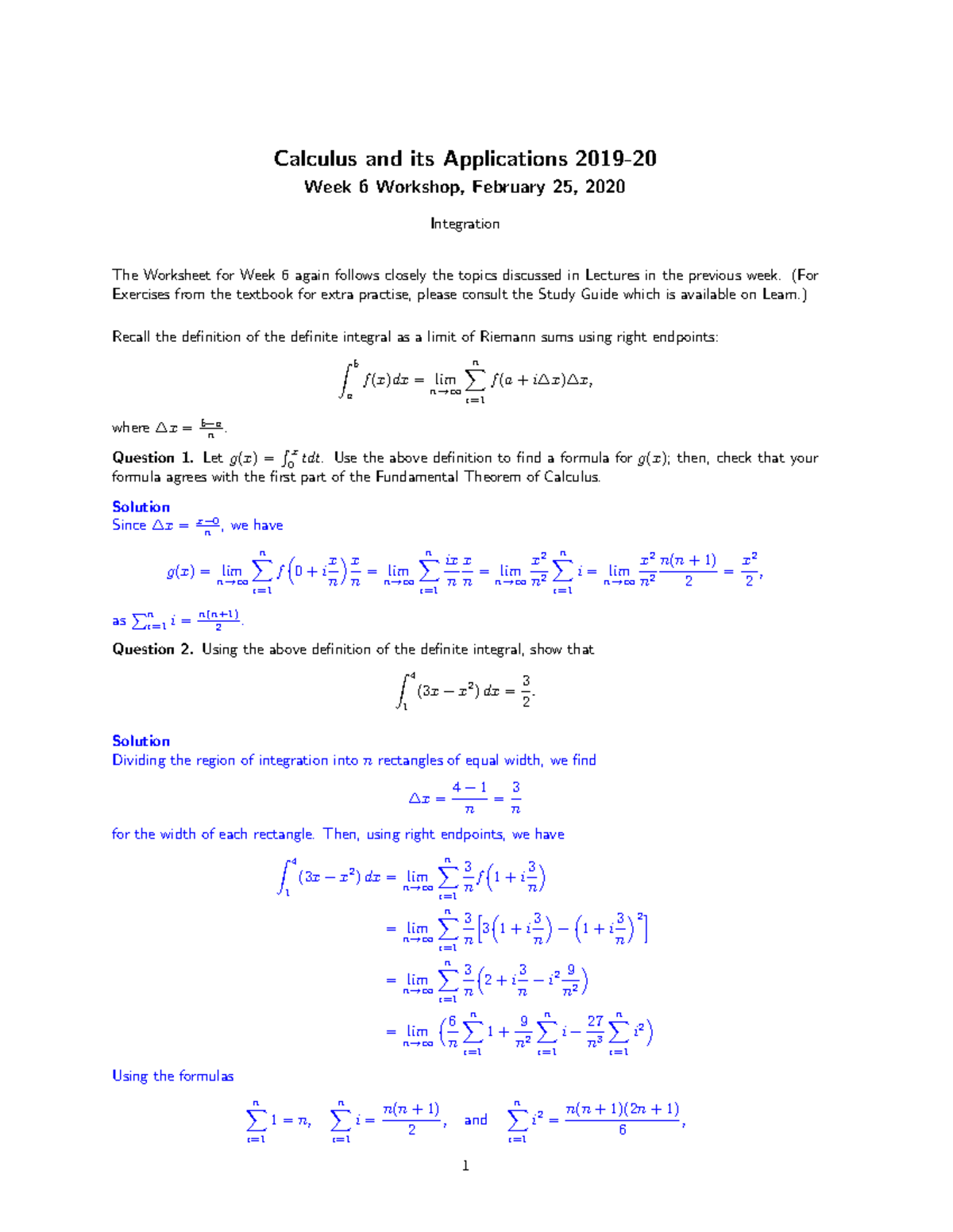 Worksheet 6 with Solutions - Calculus and its Applications 2019- Week 6 ...