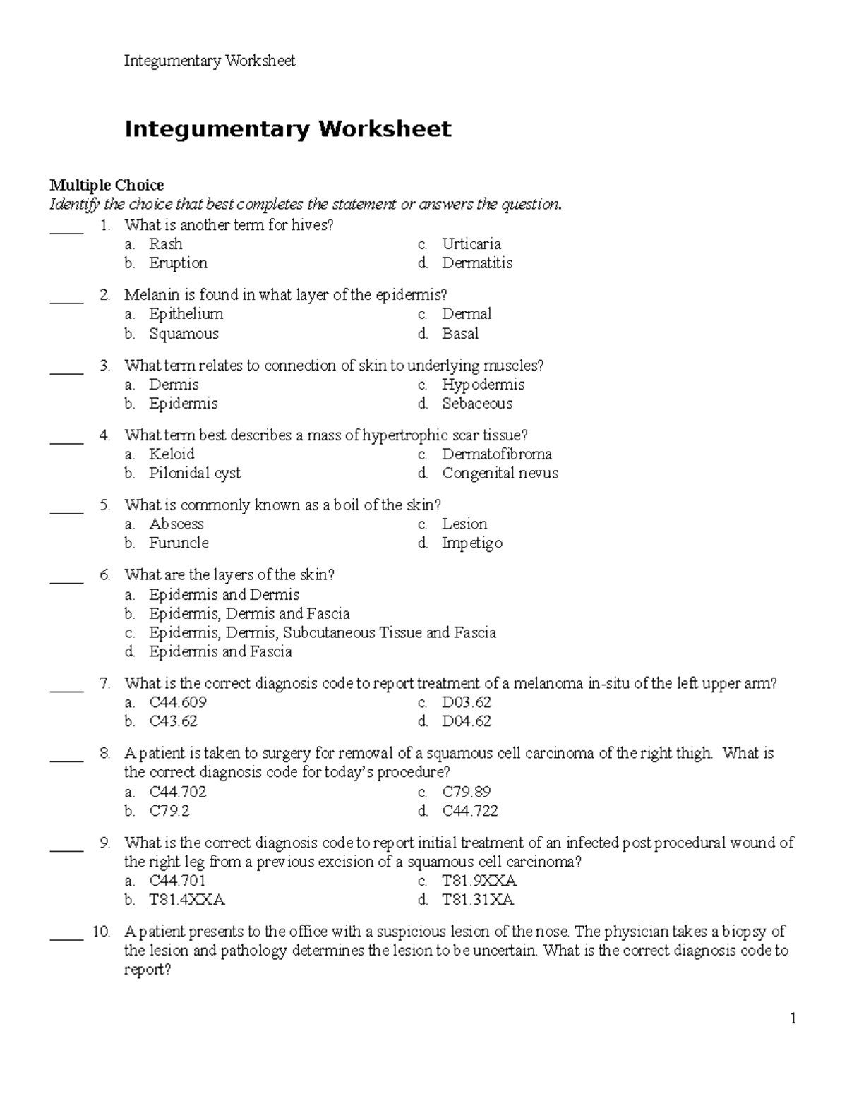 Integumentary Worksheet MAP206 - Integumentary Worksheet Multiple ...