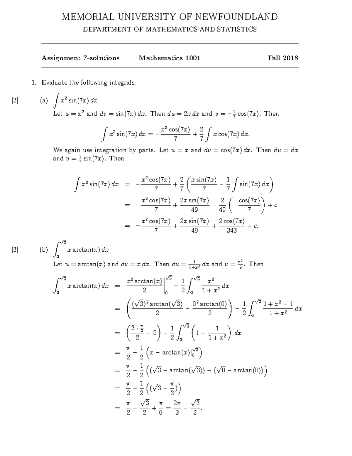 Math 1001 Assignment 7 solution - MEMORIAL UNIVERSITY OF NEWFOUNDLAND ...