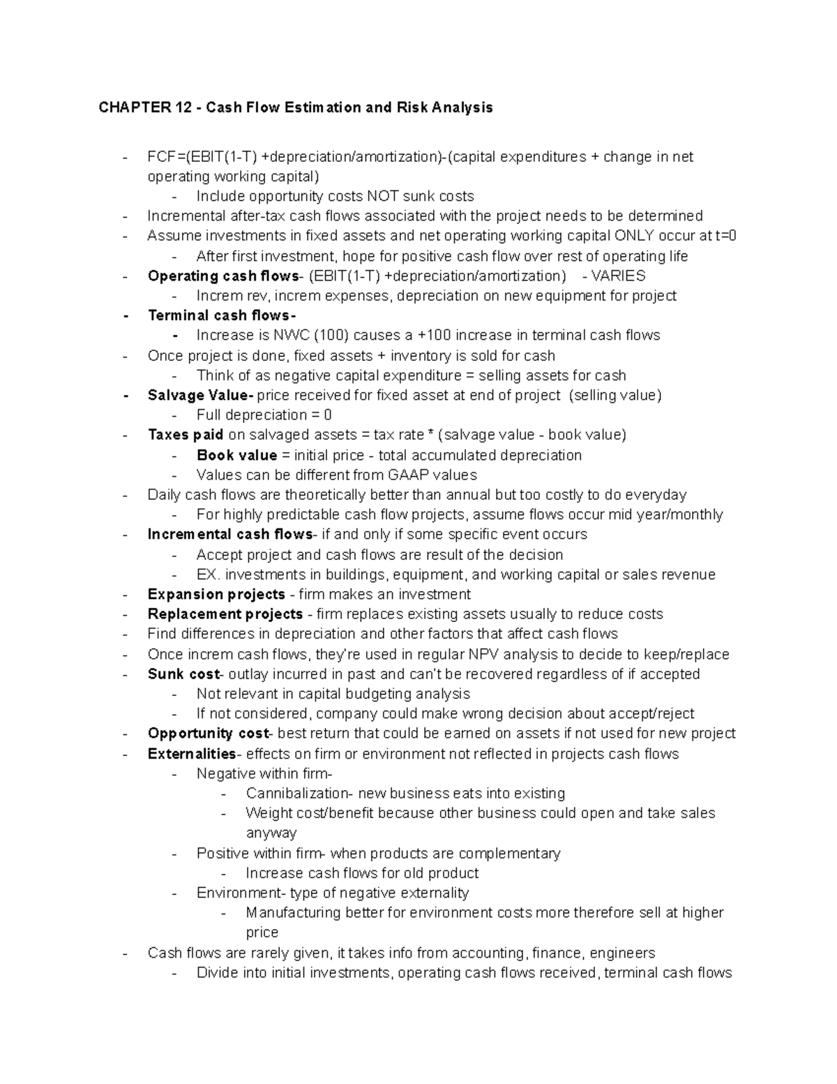 FIN 221 Chapter 12 Notes - CHAPTER 12 - Cash Flow Estimation and Risk ...