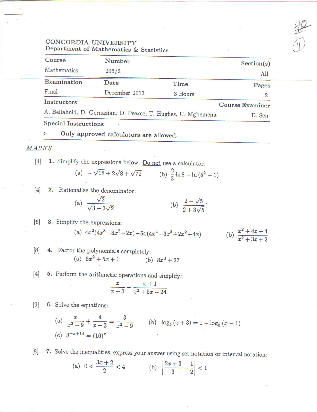 Final 1 2014, questions - no, i4 .2/ '1‘\ CONCORDIA UNIVERSITY - (if ...