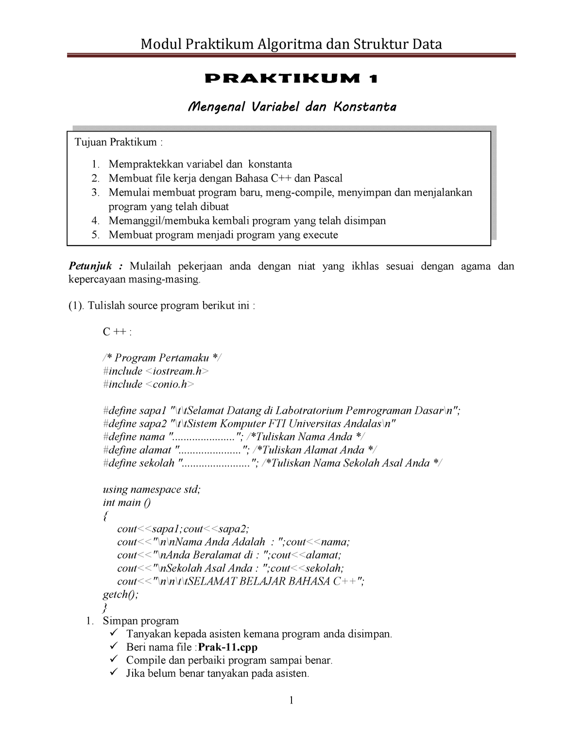 Praktikum 1 Algoritma Dan Struktur Data - - Studocu