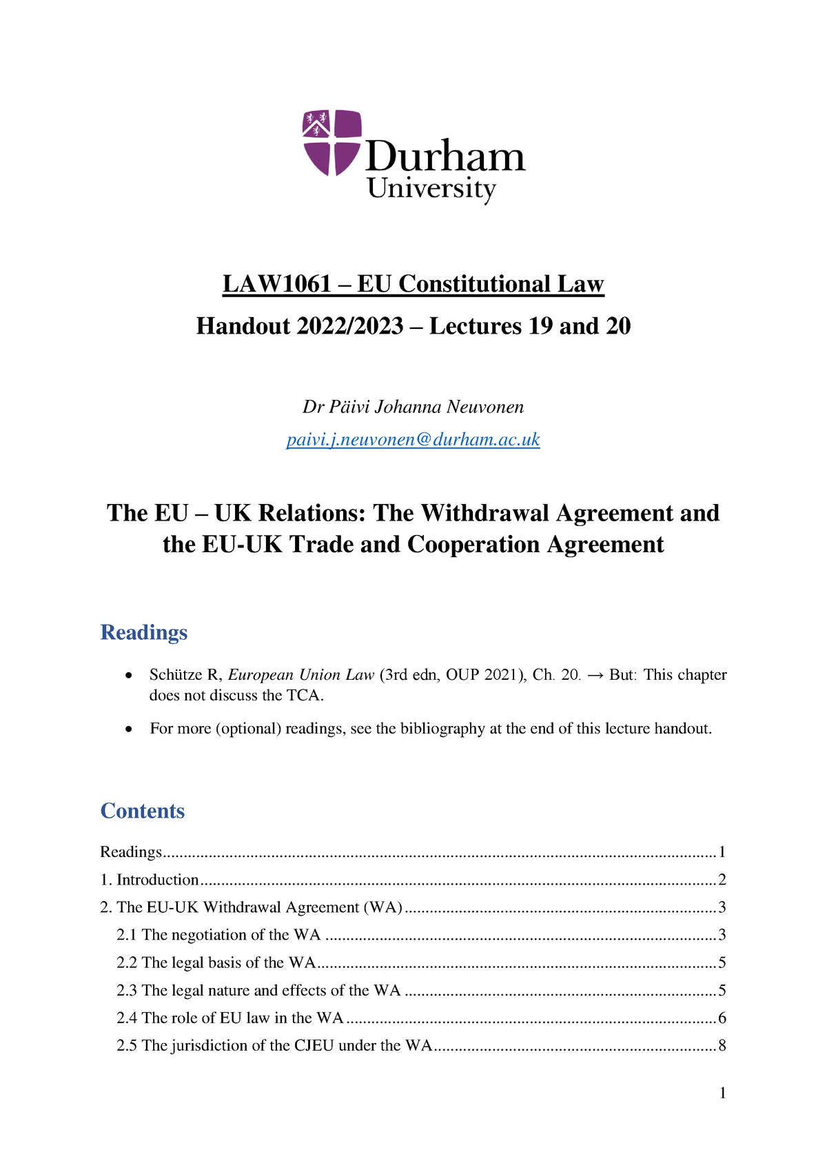 LAW1061 Handout Lectures 19-20 (ET 2023) - LAW1061 – EU Constitutional ...