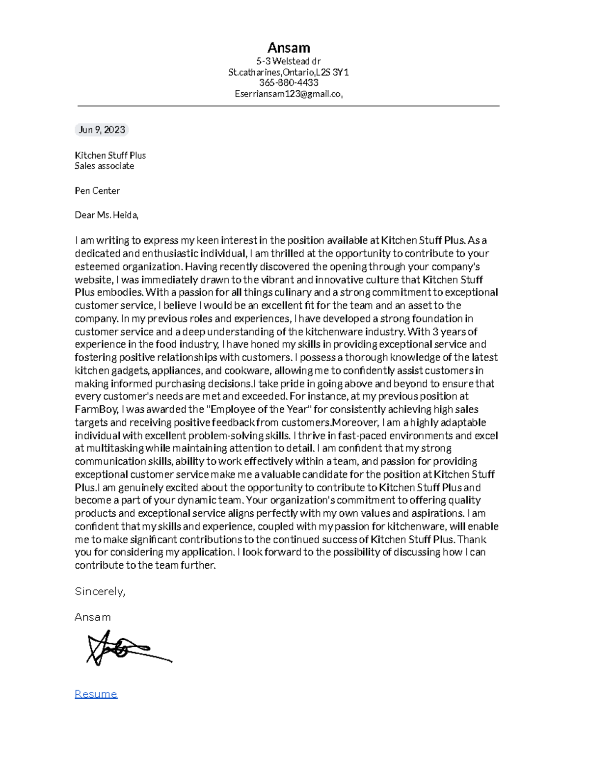 Cover Letter Template - Ansam 5-3 Welstead dr St,Ontario,L2S 3Y 365-880 ...
