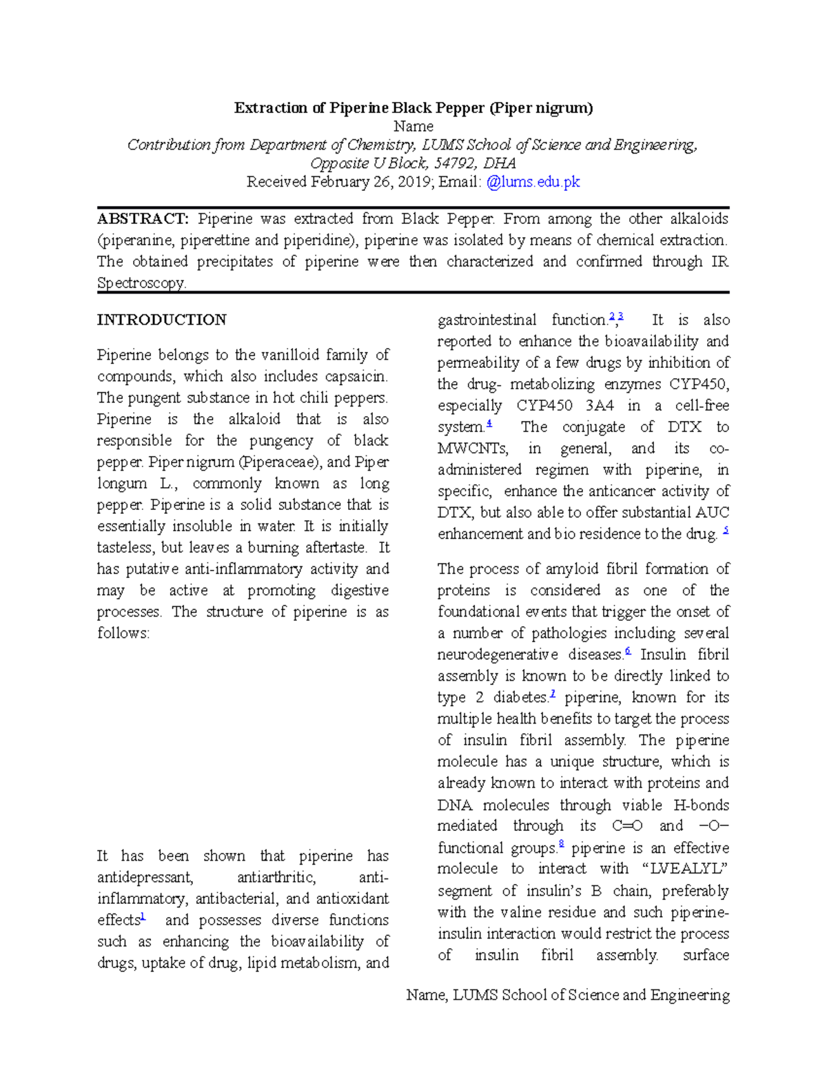 Sample lab report CHEM 230 Extraction of Piperine Black Pepper (Piper
