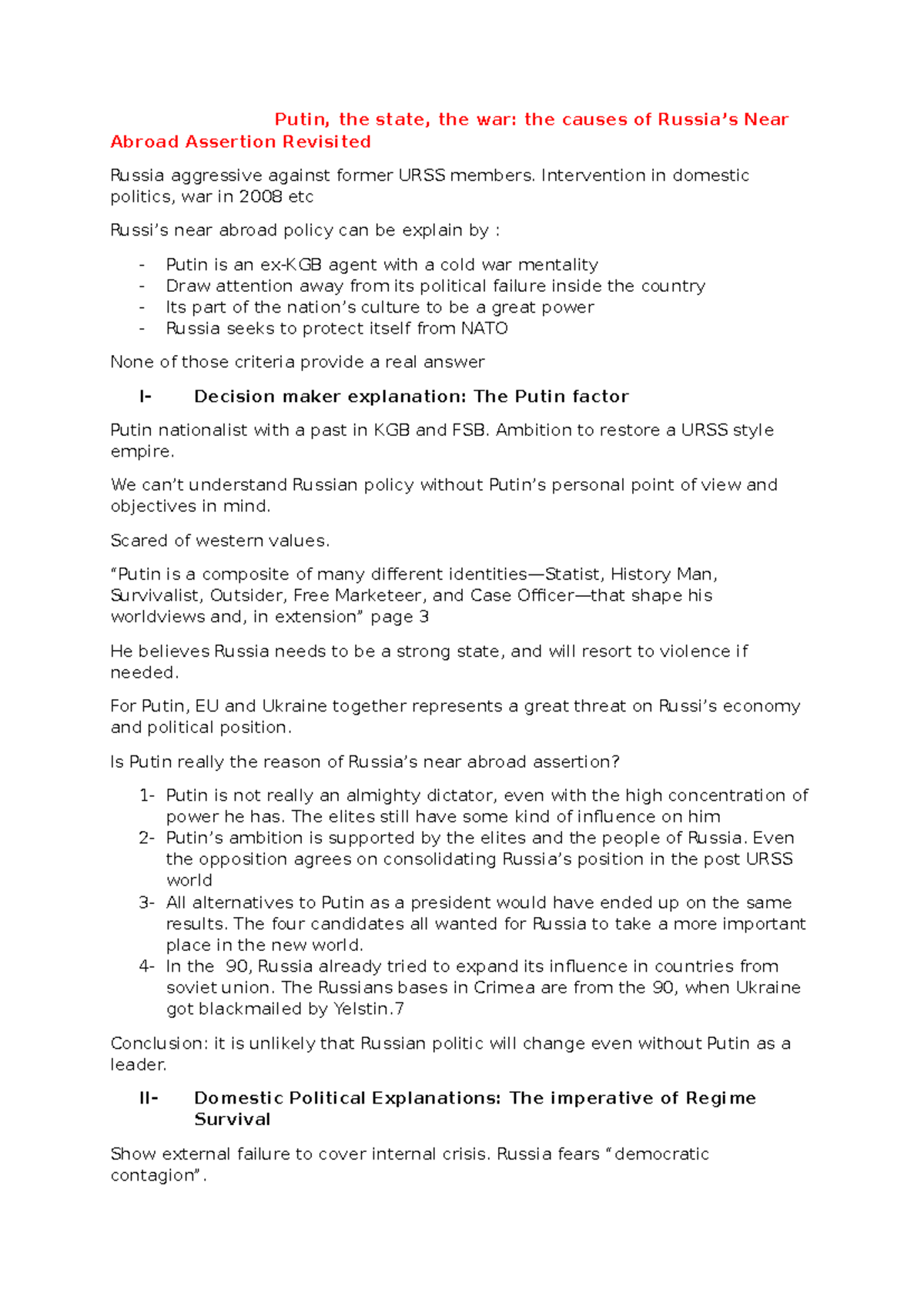 POLI 244 Conference 1 lecture notes - Putin, the state, the war the ...