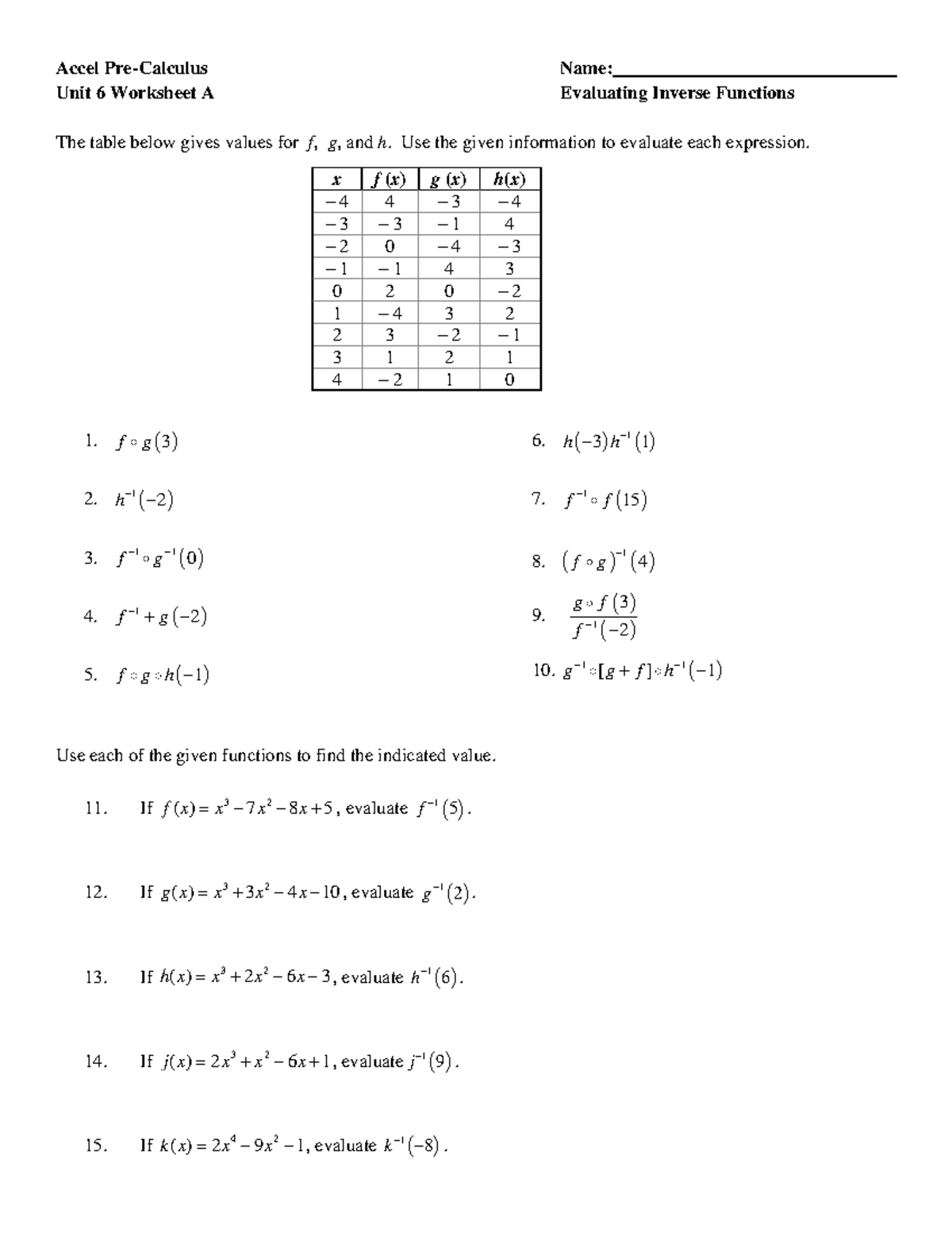 Unit 6 Wkst A yeah Accel PreCalculus Name Unit 6 Worksheet A