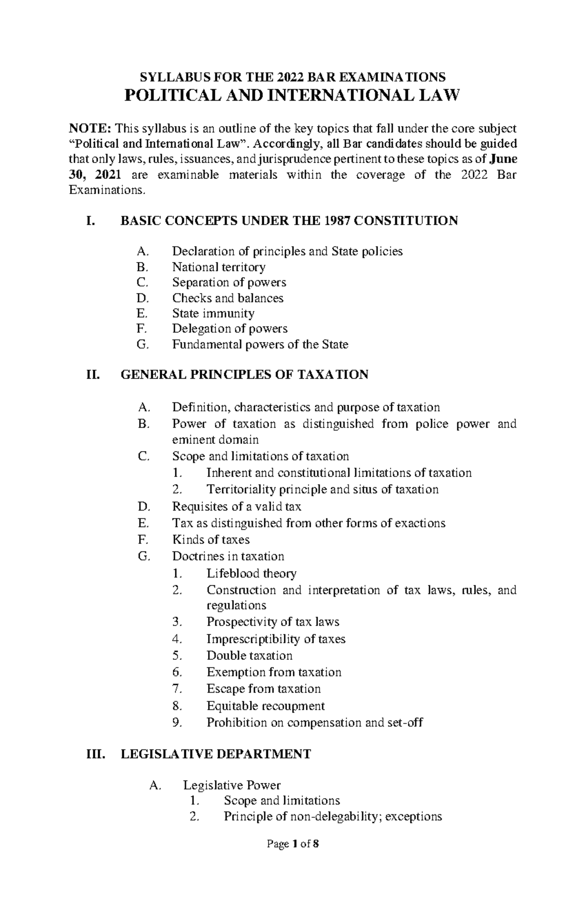 Political LAW Syllabus FOR THE 2022 BAR Examinations SYLLABUS FOR THE