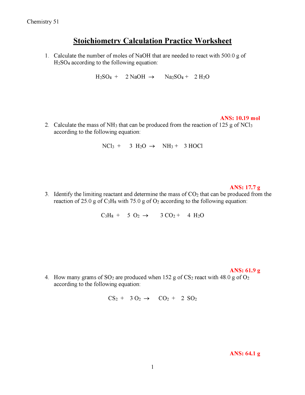 Stoichiometry Worksheet - Chemistry 1111 11 Stoichiometry Calculation Inside Stoichiometry Worksheet Answer Key