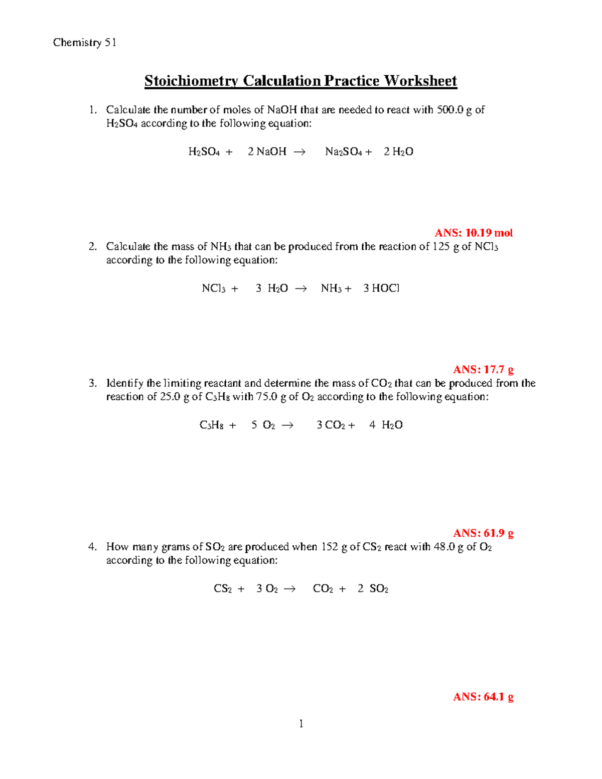 Stoichiometry Worksheet - Chemistry 51 1 Stoichiometry Calculation Practice  Worksheet Calculate the - Studocu