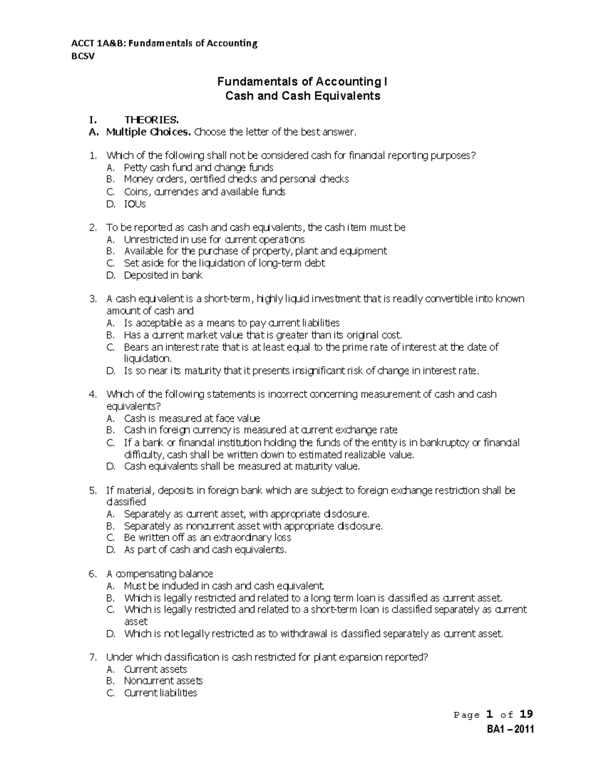 Intacc 1 Cash Exercises from BCSV 1 BCSV Fundamentals of Accounting I