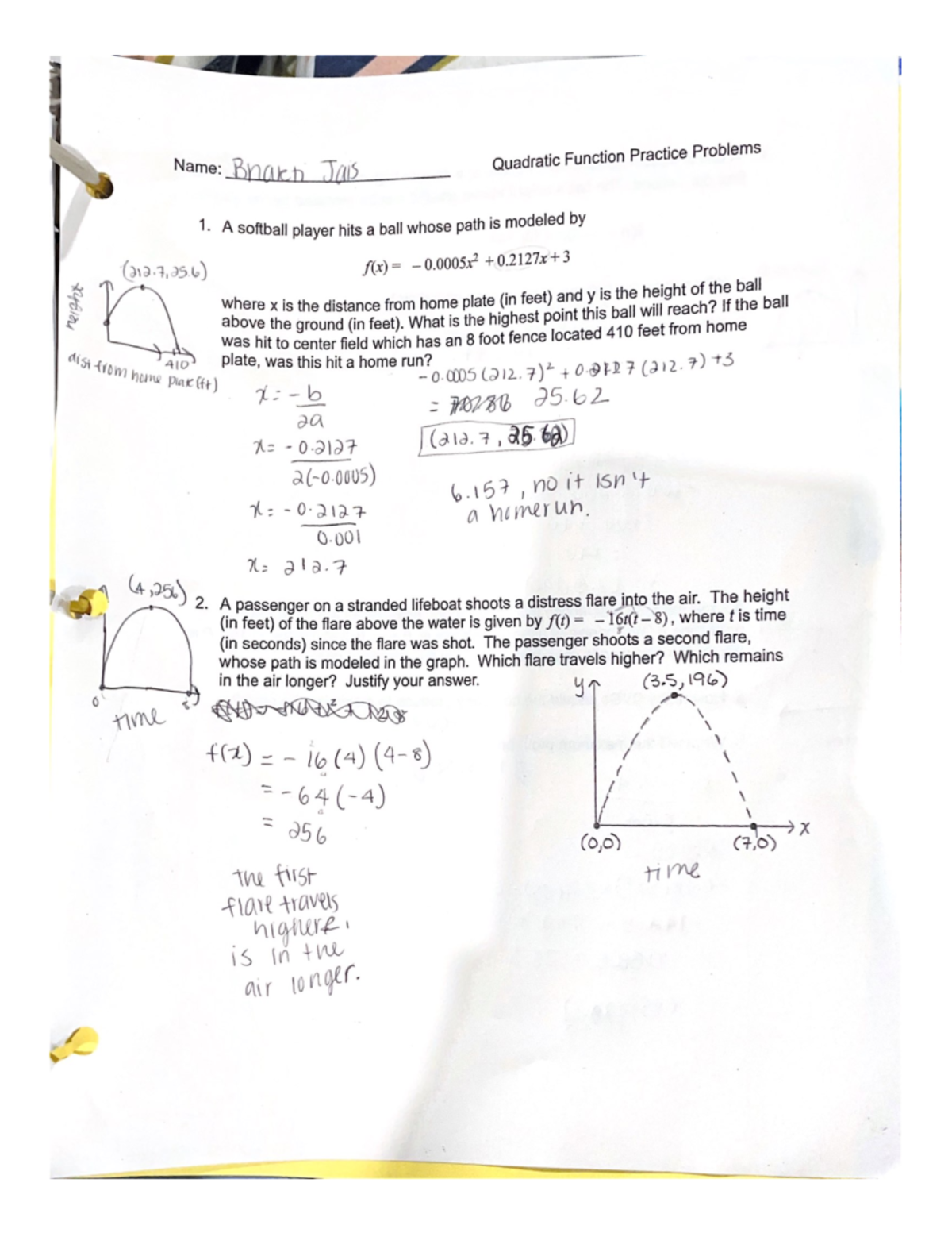 lesson 8 problem solving practice quadratic functions answer key