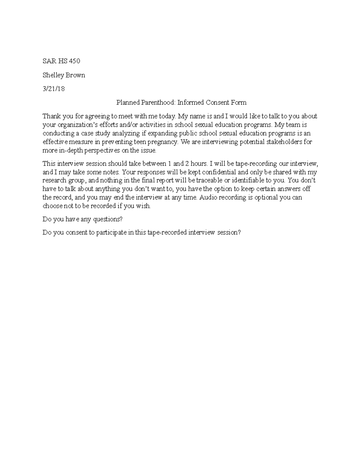 SAR HS 450 Planned Parenthood Informed Consent Form - SAR HS 450 ...