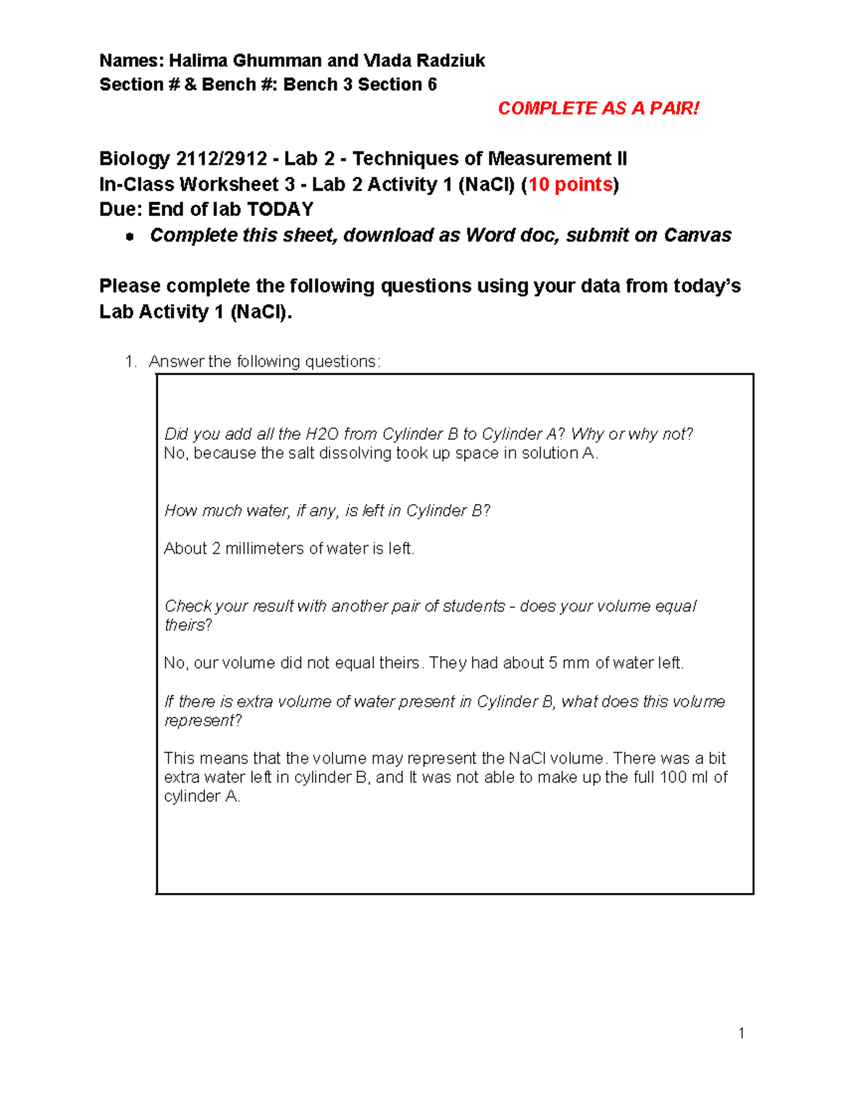 Bio 2112 in class worksheet lab 2 - Section # & Bench #: Bench 3 ...