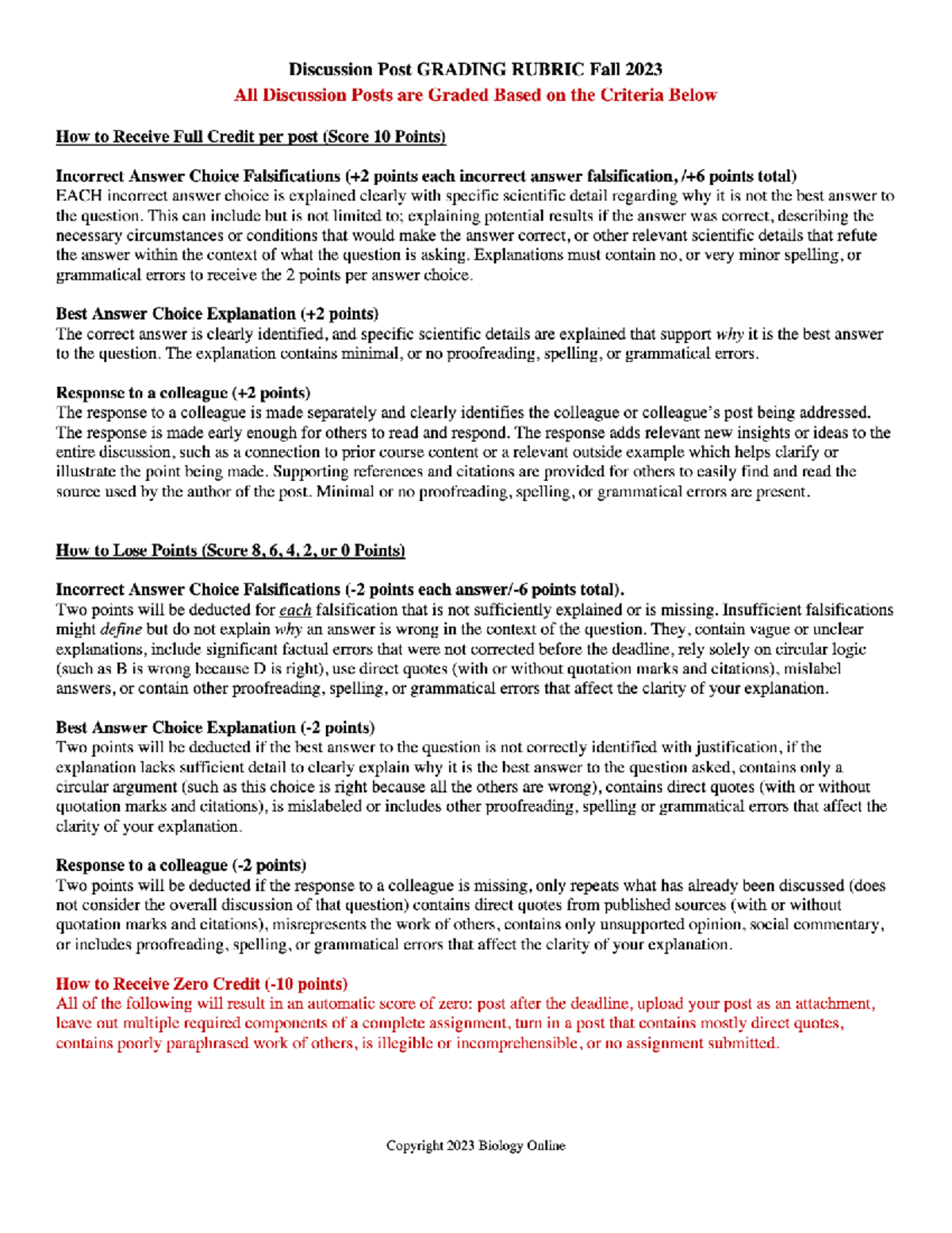 Discussion Post Grading Rubric -BIO 202.D00 Discussions - Fall 2023 ...