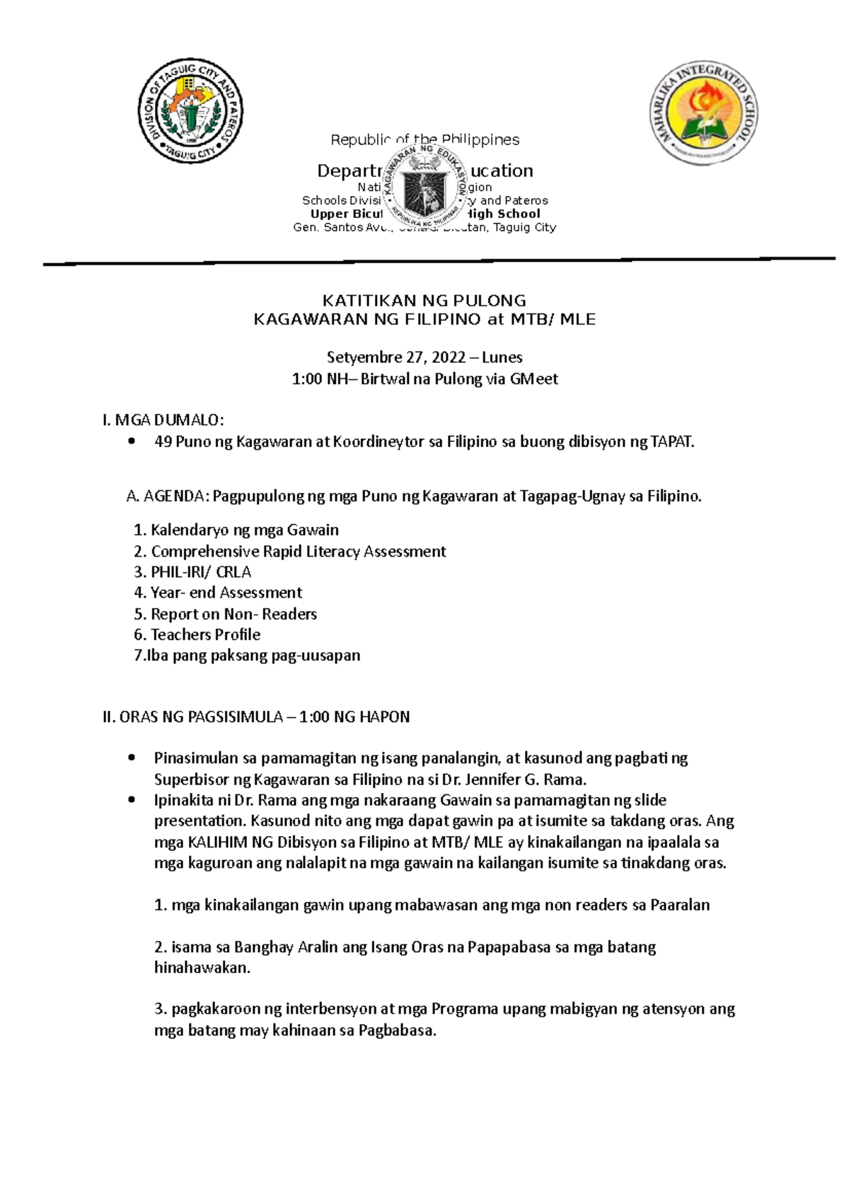 Pagpupulong Setyembre 272022 - Republic of the Philippines Department ...