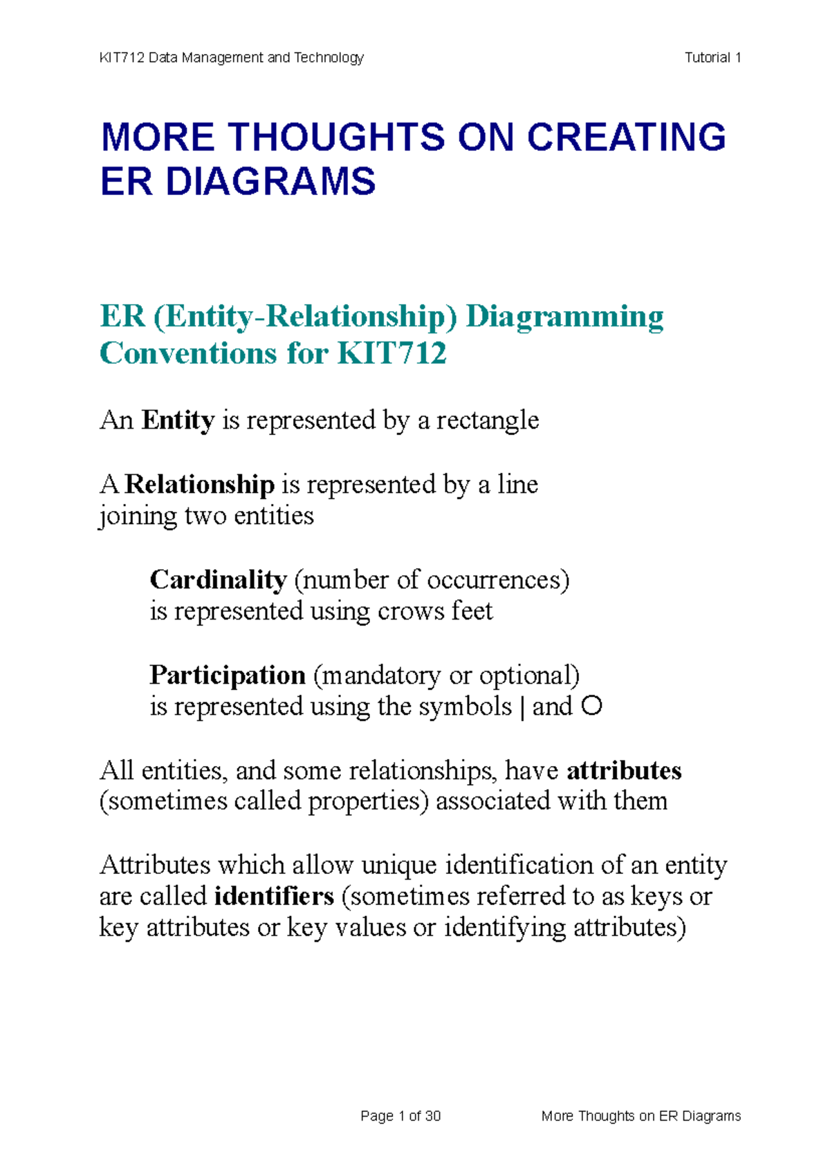 ER Diagram handout - Lecture notes 6 - MORE THOUGHTS ON CREATING ER ...
