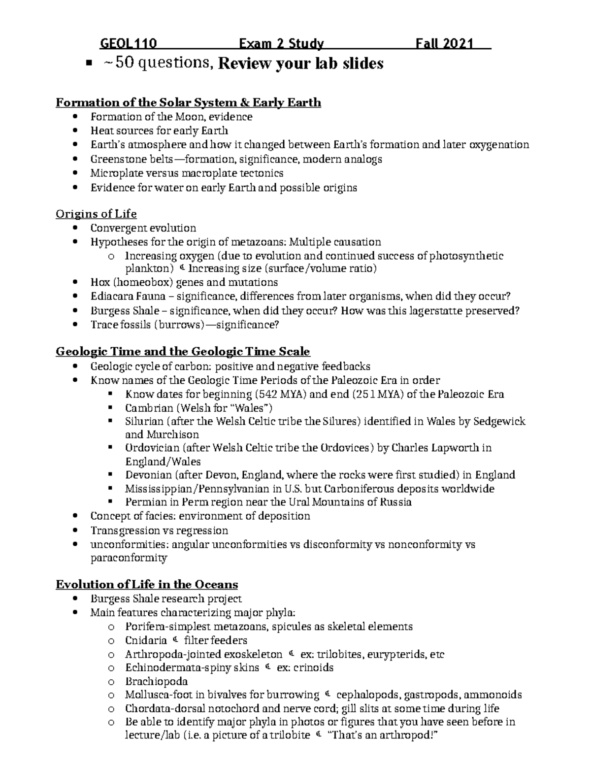 GEOL110 F2021 Exam 2 Study Guide REM - ~50 questions, Review your lab ...