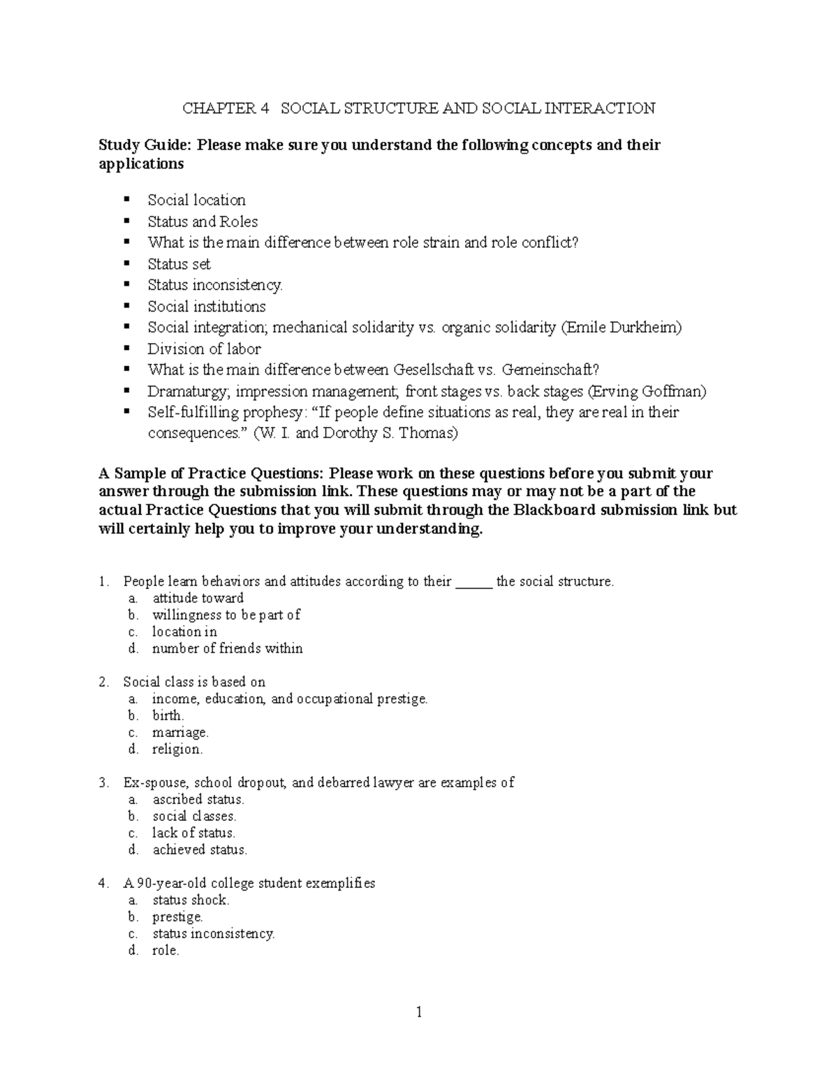 Study Guide Chapter 4 - CHAPTER 4 SOCIAL STRUCTURE AND SOCIAL ...