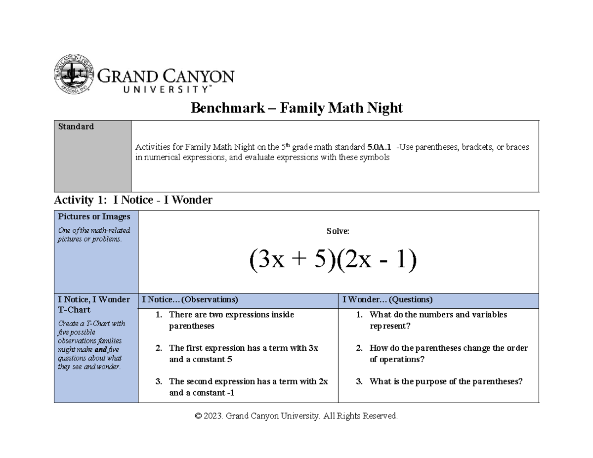 ELM 560 T6 Benchmark - Benchmark – Family Math Night Standard ...