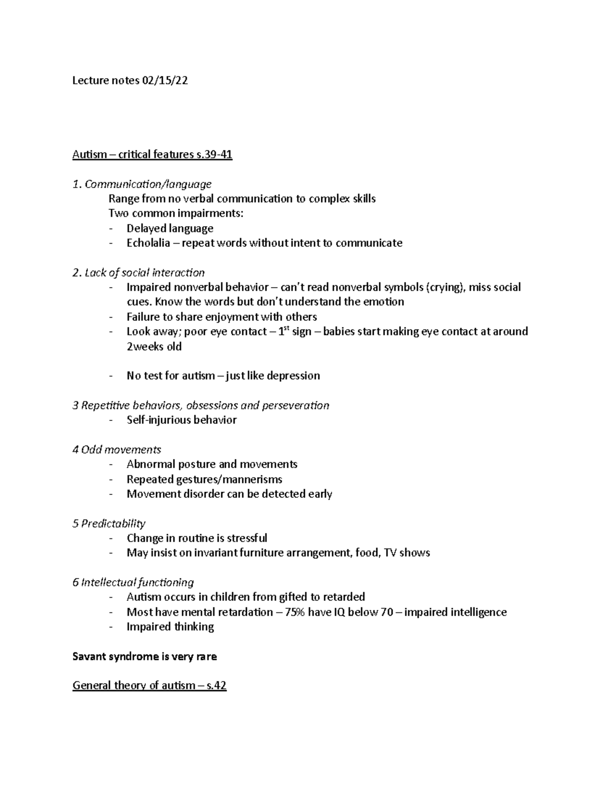 Lecture notes 02:15:22 - Lecture notes 02/15/ Autism – critical ...