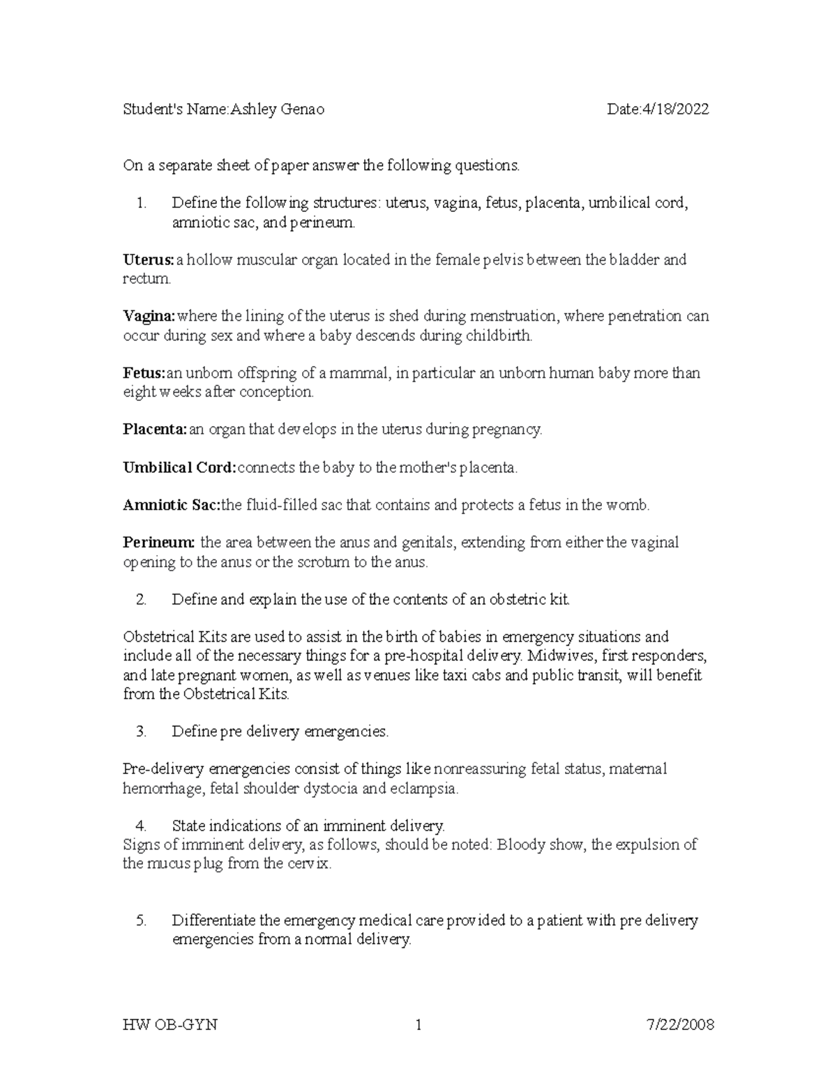 HW OB-GYN - Student's Name:Ashley Genao Date:4/18/ On a separate sheet ...