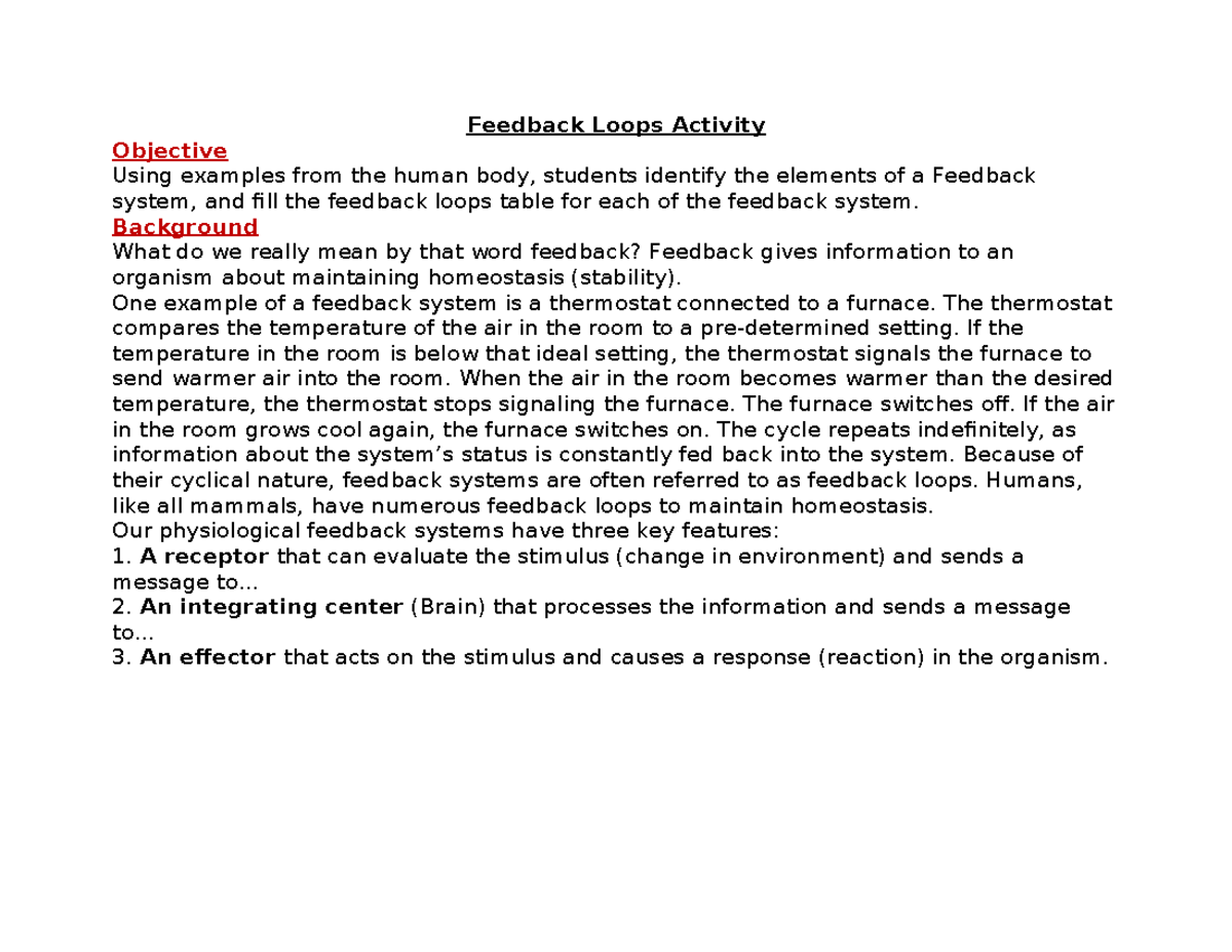 Feedback Loop Group Activity Feedback Loops Activity Objective Using