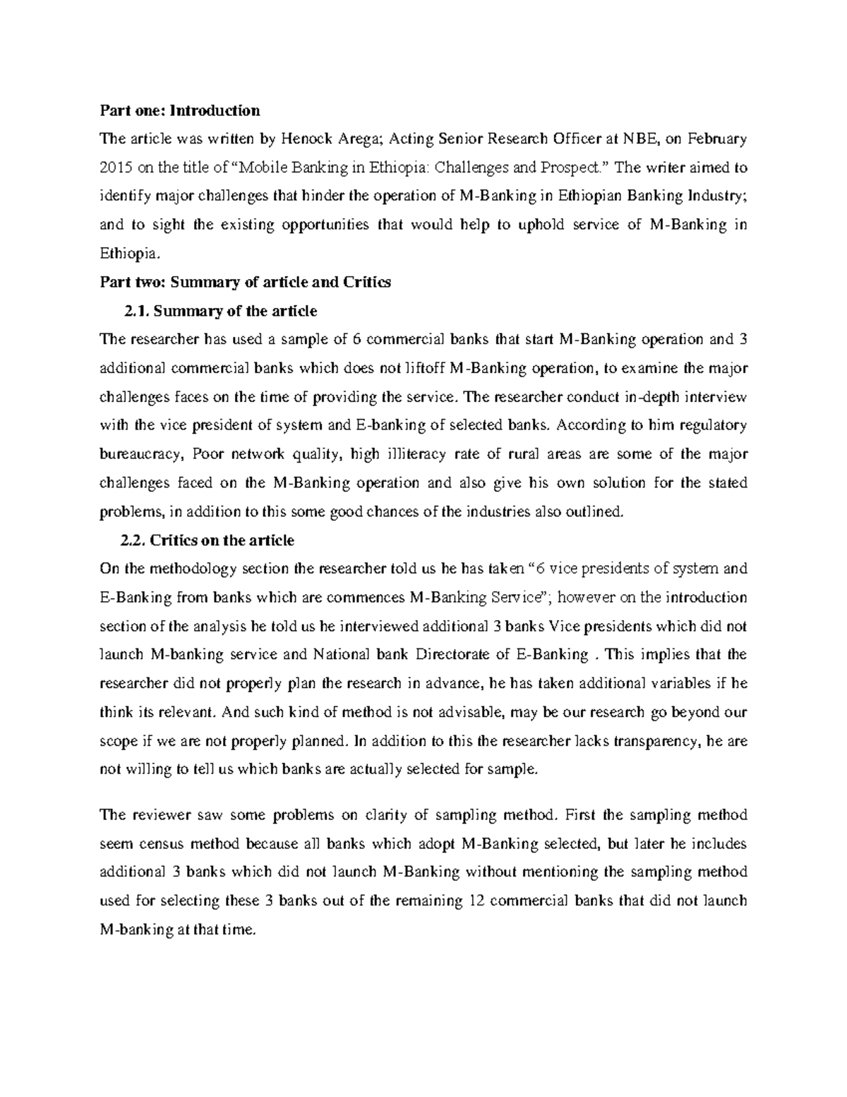 Sample article review 1 - Part one: Introduction The article was ...