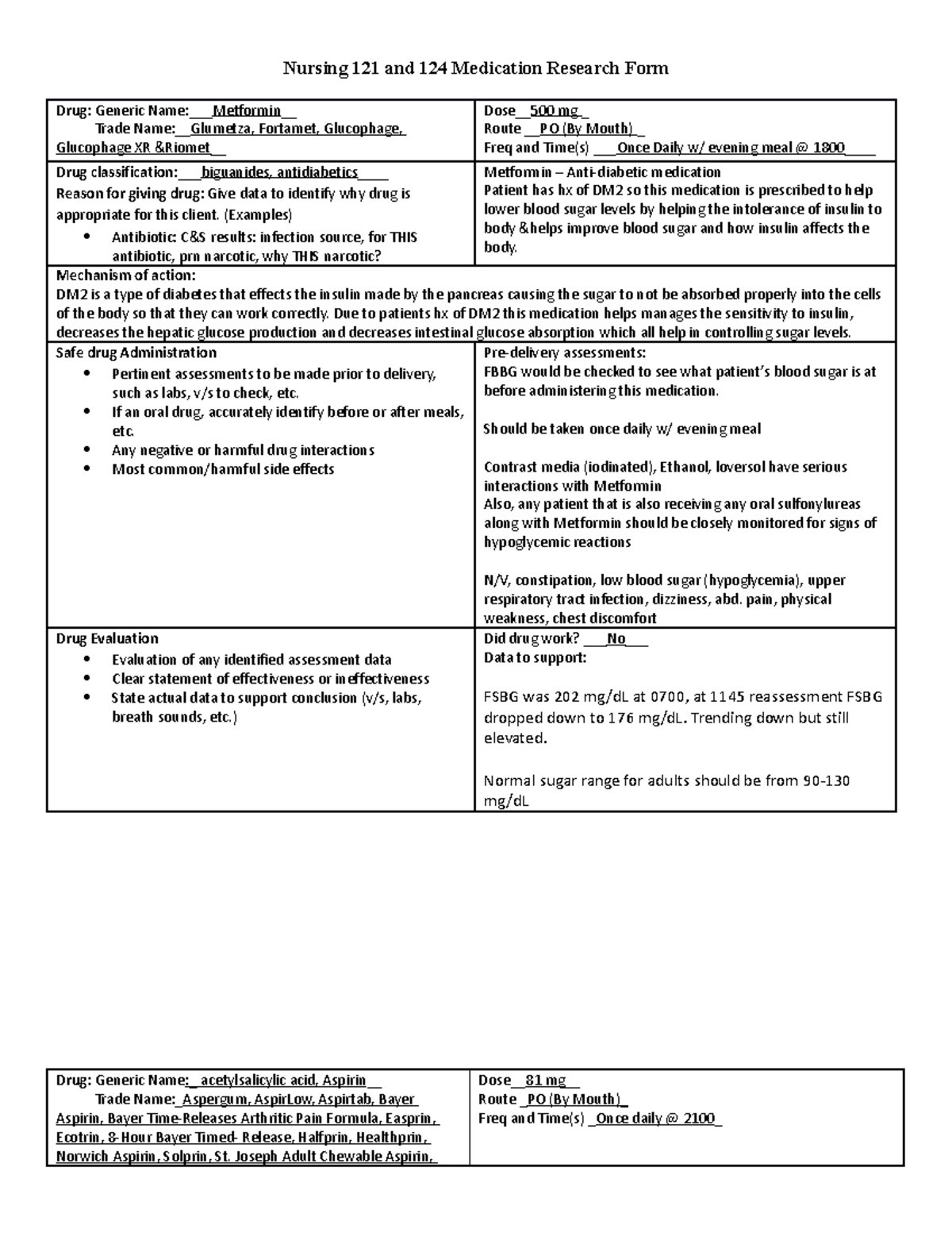 Metformin &Aspirin - Medication List - Nursing 121 and 124 Medication ...